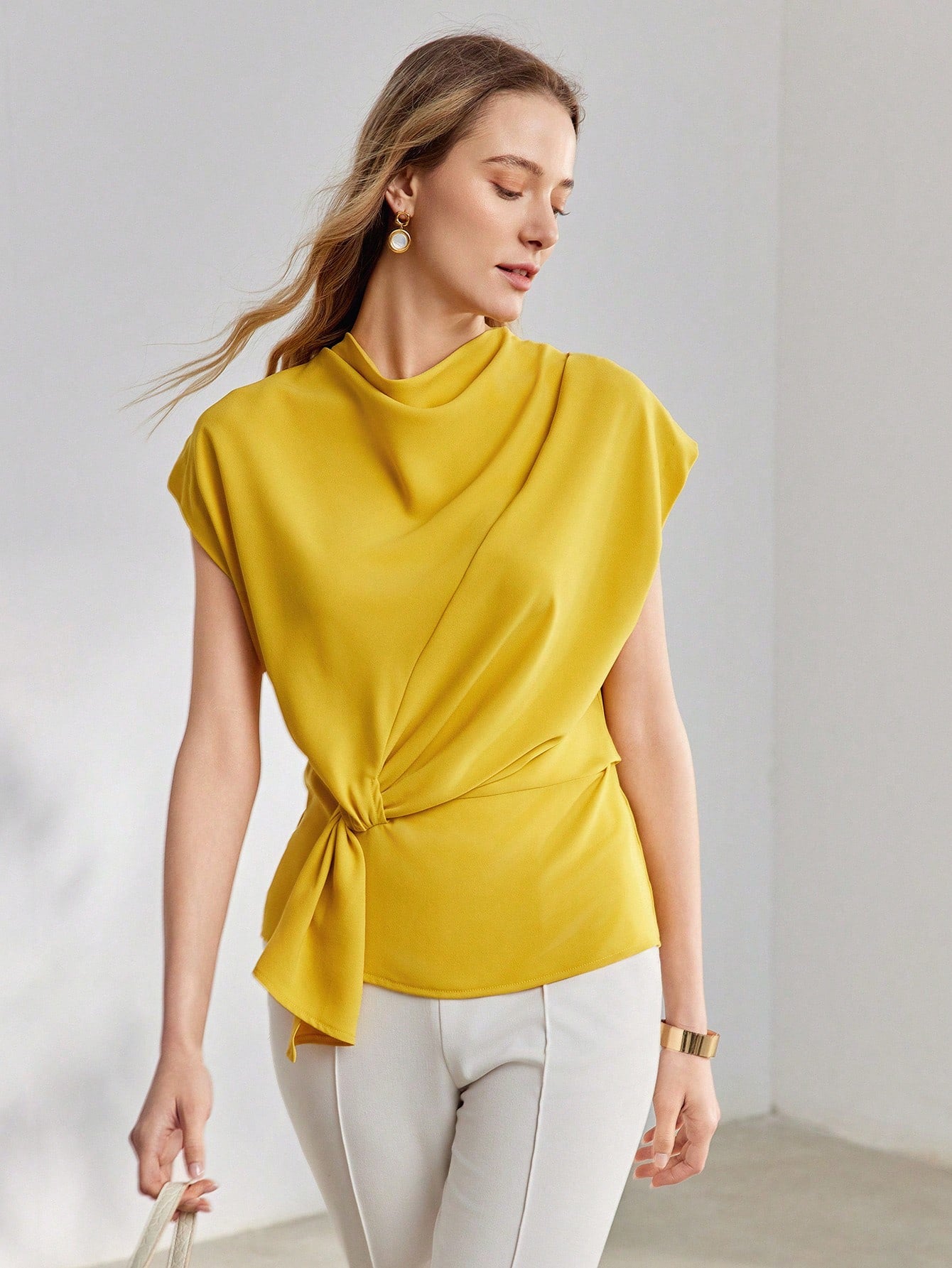 CM-TS072259 Women Elegant Seoul Style Solid Cowl Neck Batwing Sleeve Knot Side Blouse - Yellow