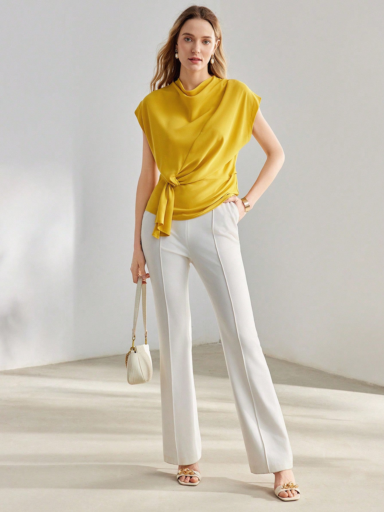 CM-TS072259 Women Elegant Seoul Style Solid Cowl Neck Batwing Sleeve Knot Side Blouse - Yellow
