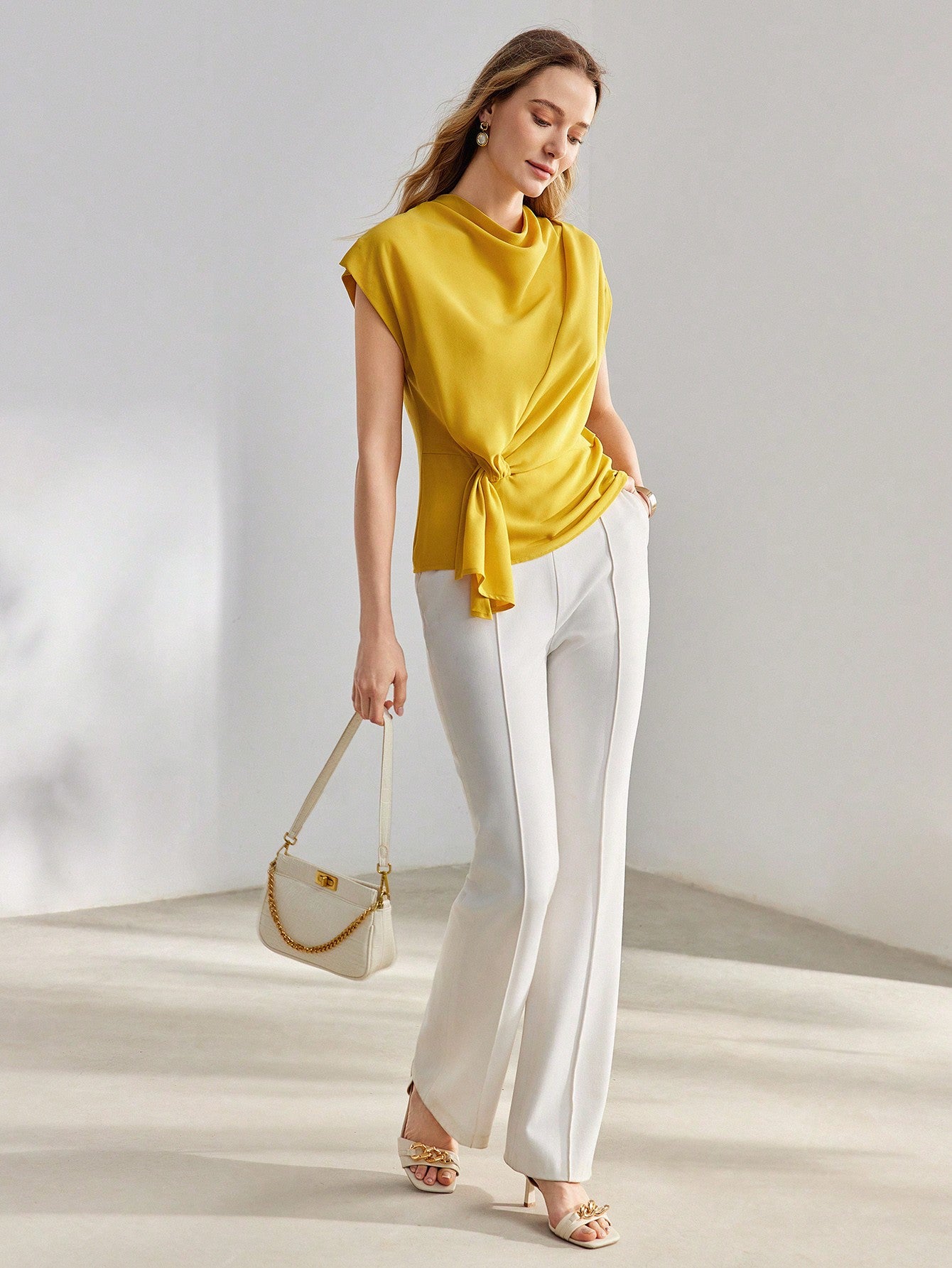 CM-TS072259 Women Elegant Seoul Style Solid Cowl Neck Batwing Sleeve Knot Side Blouse - Yellow