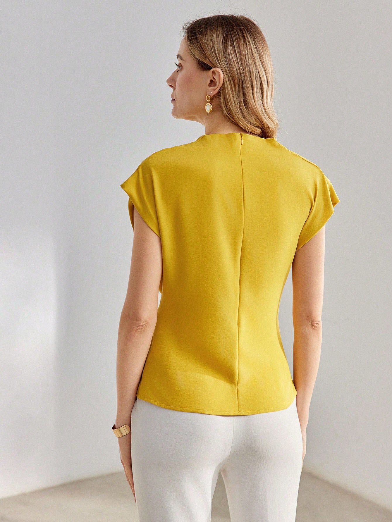 CM-TS072259 Women Elegant Seoul Style Solid Cowl Neck Batwing Sleeve Knot Side Blouse - Yellow