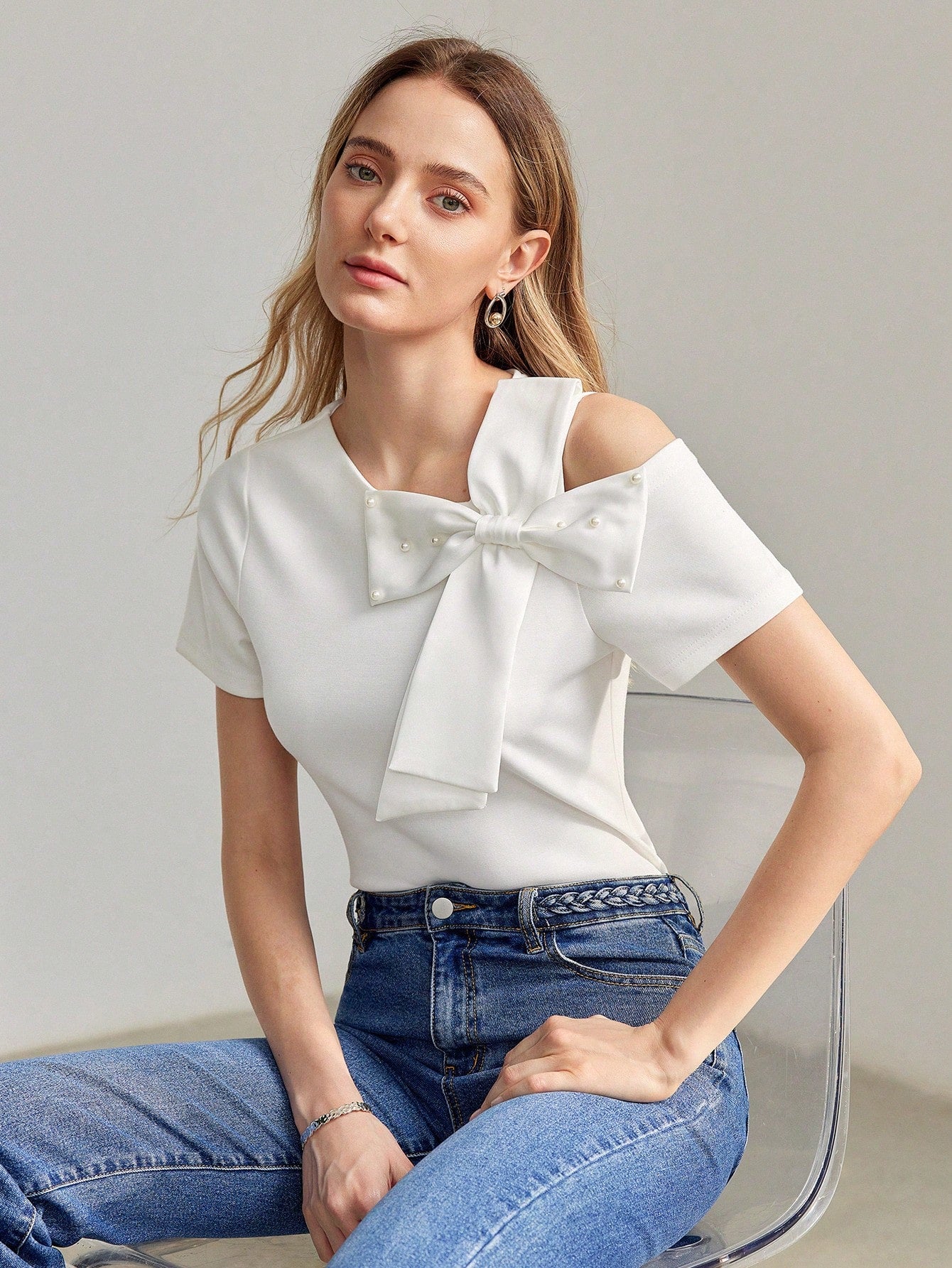 CM-TS070099 Women Casual Seoul Style Asymmetrical Shoulder Faux Pearl Bow Detail Shirt - White
