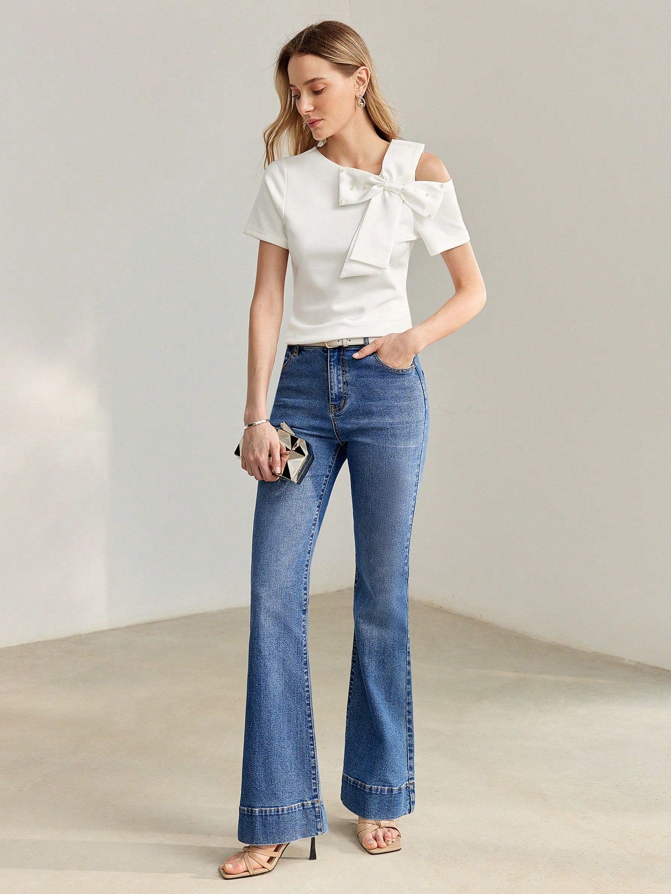 CM-TS070099 Women Casual Seoul Style Asymmetrical Shoulder Faux Pearl Bow Detail Shirt - White