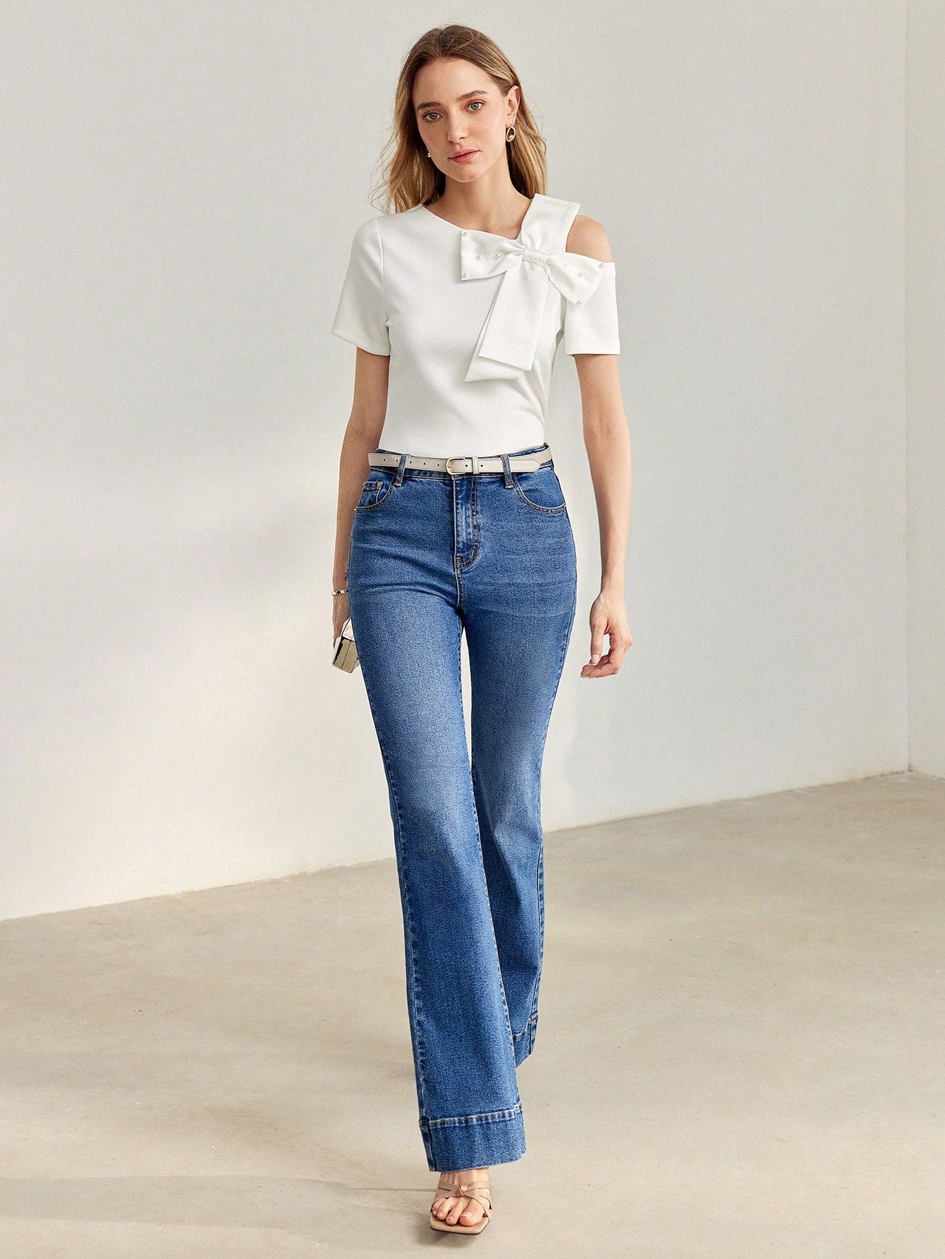 CM-TS070099 Women Casual Seoul Style Asymmetrical Shoulder Faux Pearl Bow Detail Shirt - White