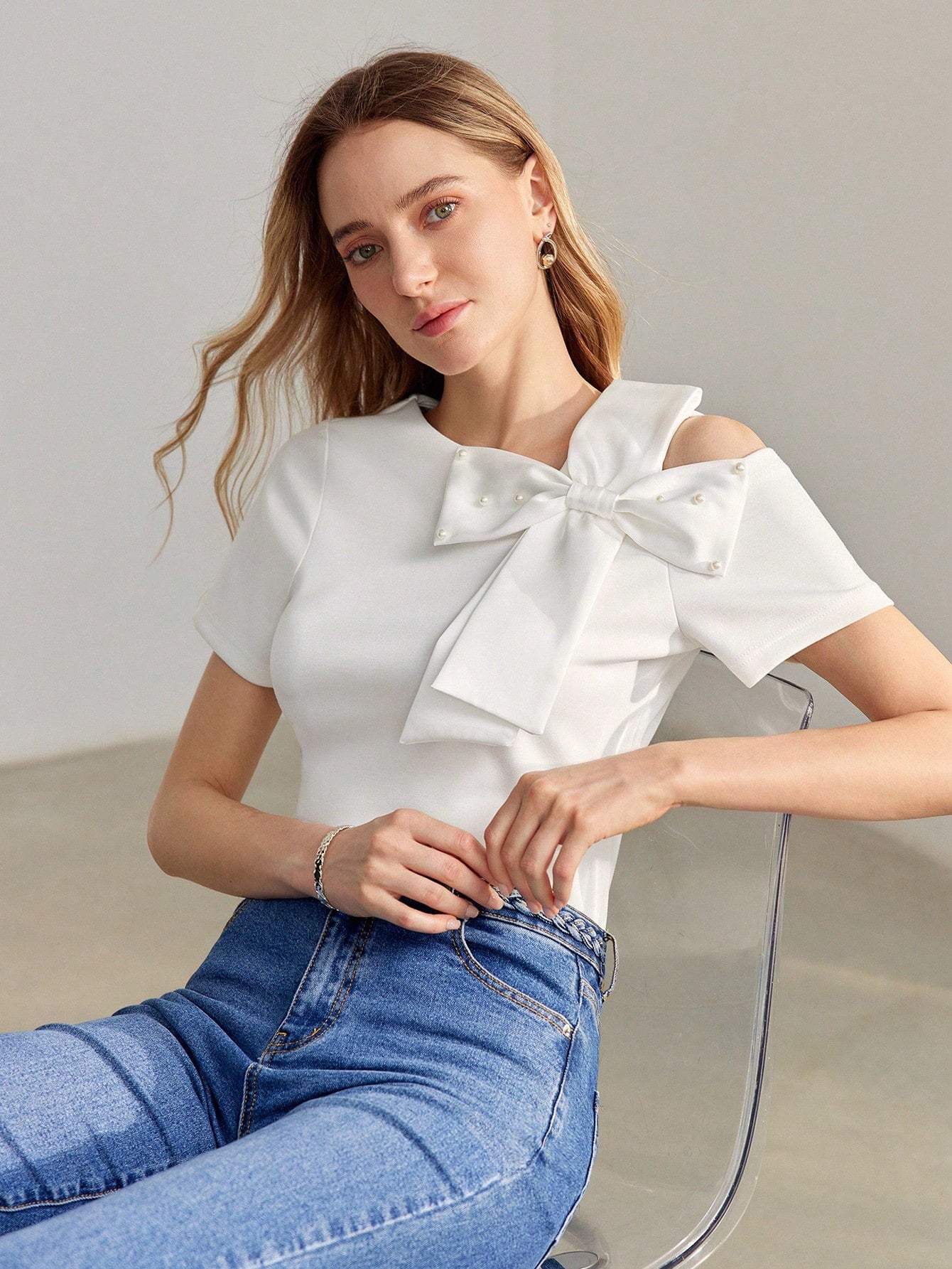 CM-TS070099 Women Casual Seoul Style Asymmetrical Shoulder Faux Pearl Bow Detail Shirt - White