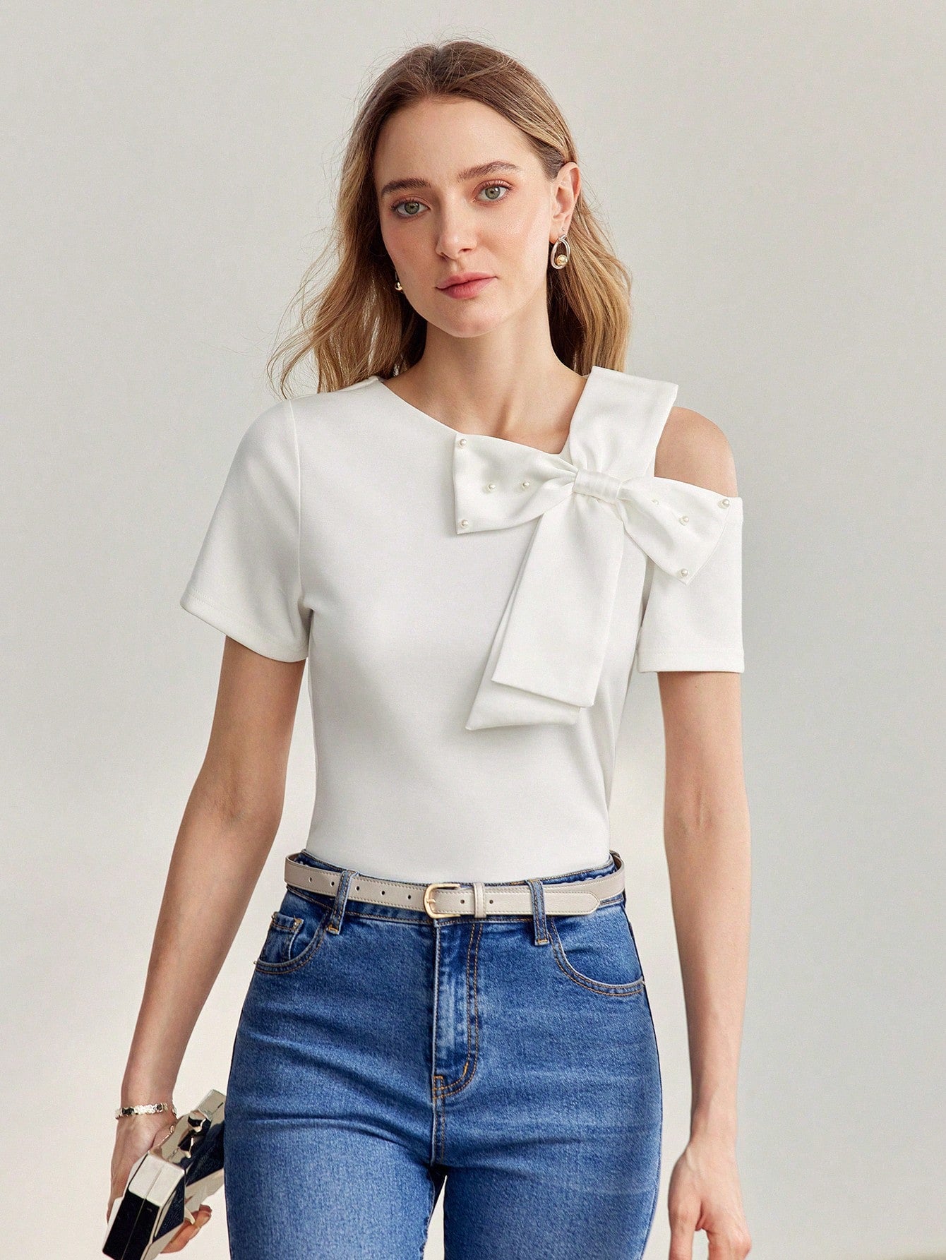 CM-TS070099 Women Casual Seoul Style Asymmetrical Shoulder Faux Pearl Bow Detail Shirt - White