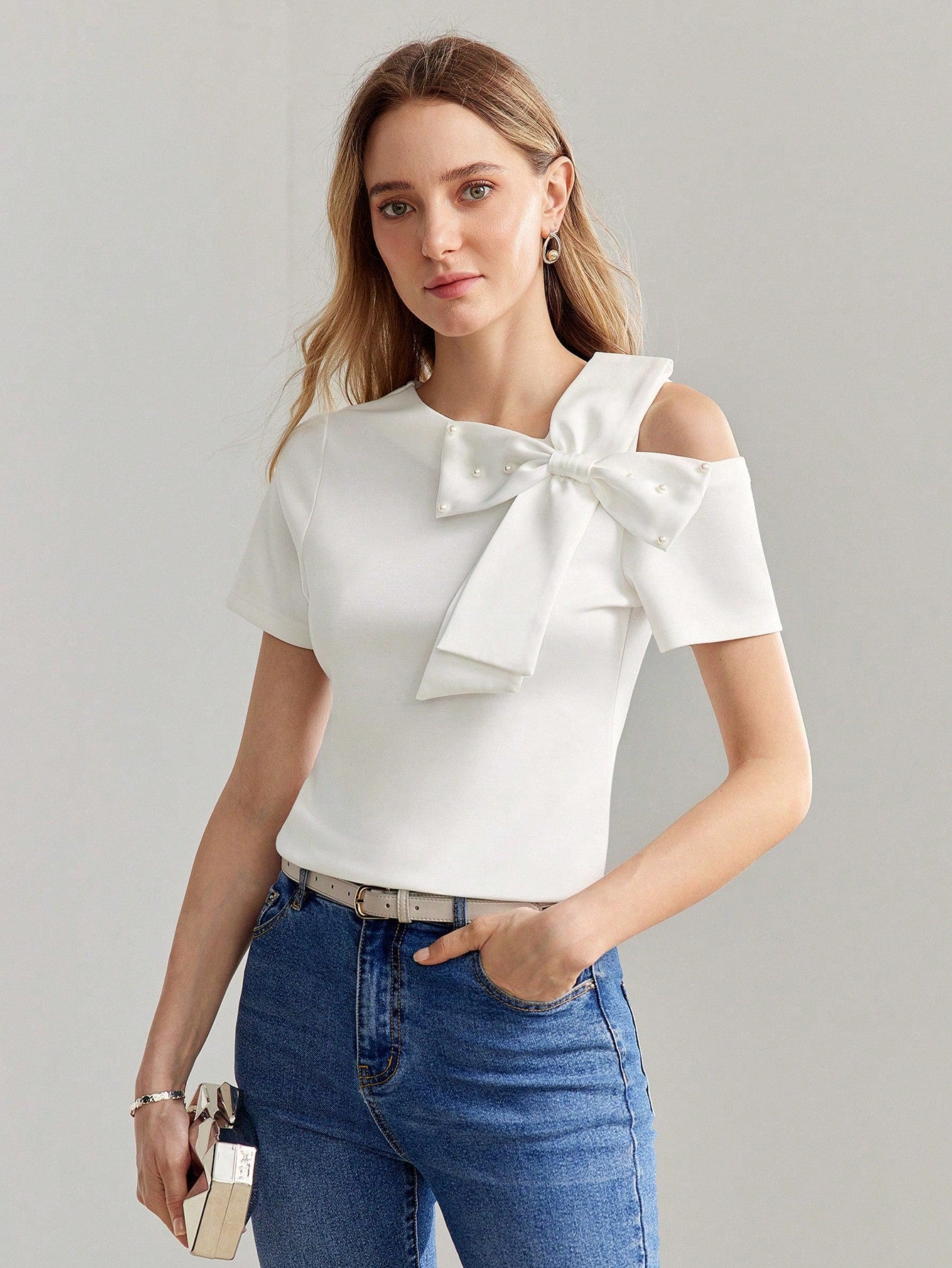 CM-TS070099 Women Casual Seoul Style Asymmetrical Shoulder Faux Pearl Bow Detail Shirt - White