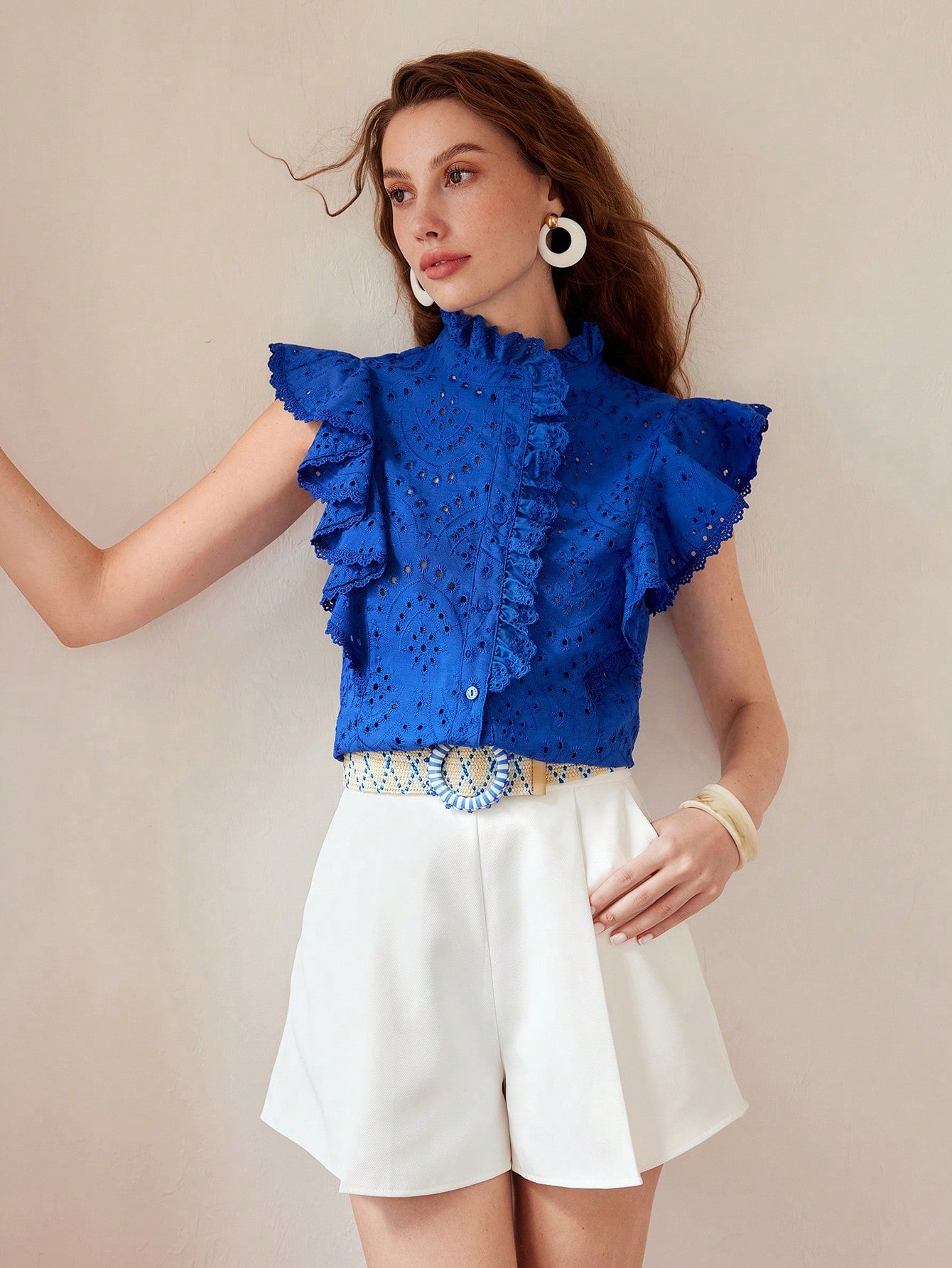 CM-TS898079 Women Elegant Seoul Style Stand Coallr Sleeveless Ruffle Trim Schiffy Blouse - Blue