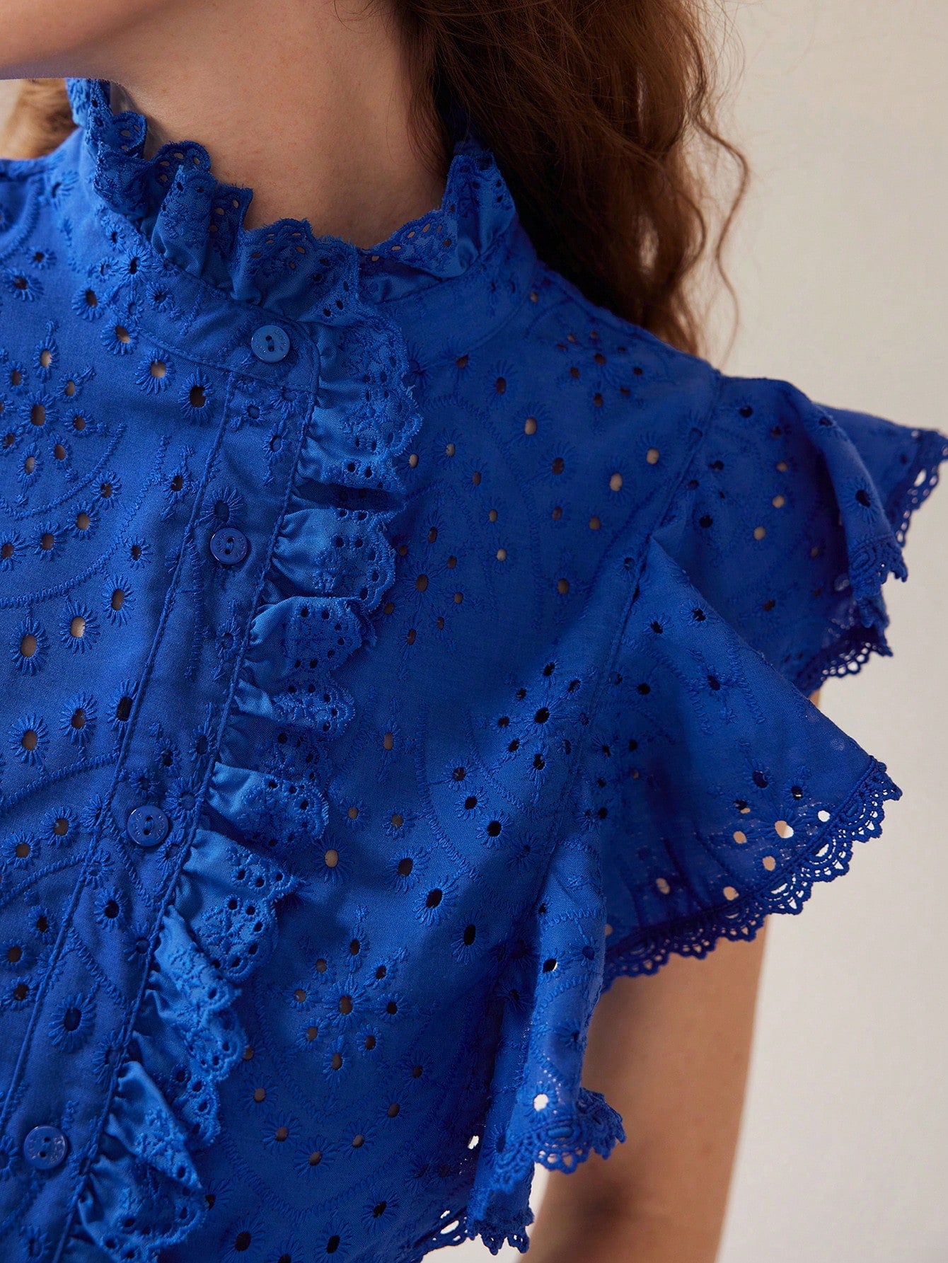 CM-TS898079 Women Elegant Seoul Style Stand Coallr Sleeveless Ruffle Trim Schiffy Blouse - Blue