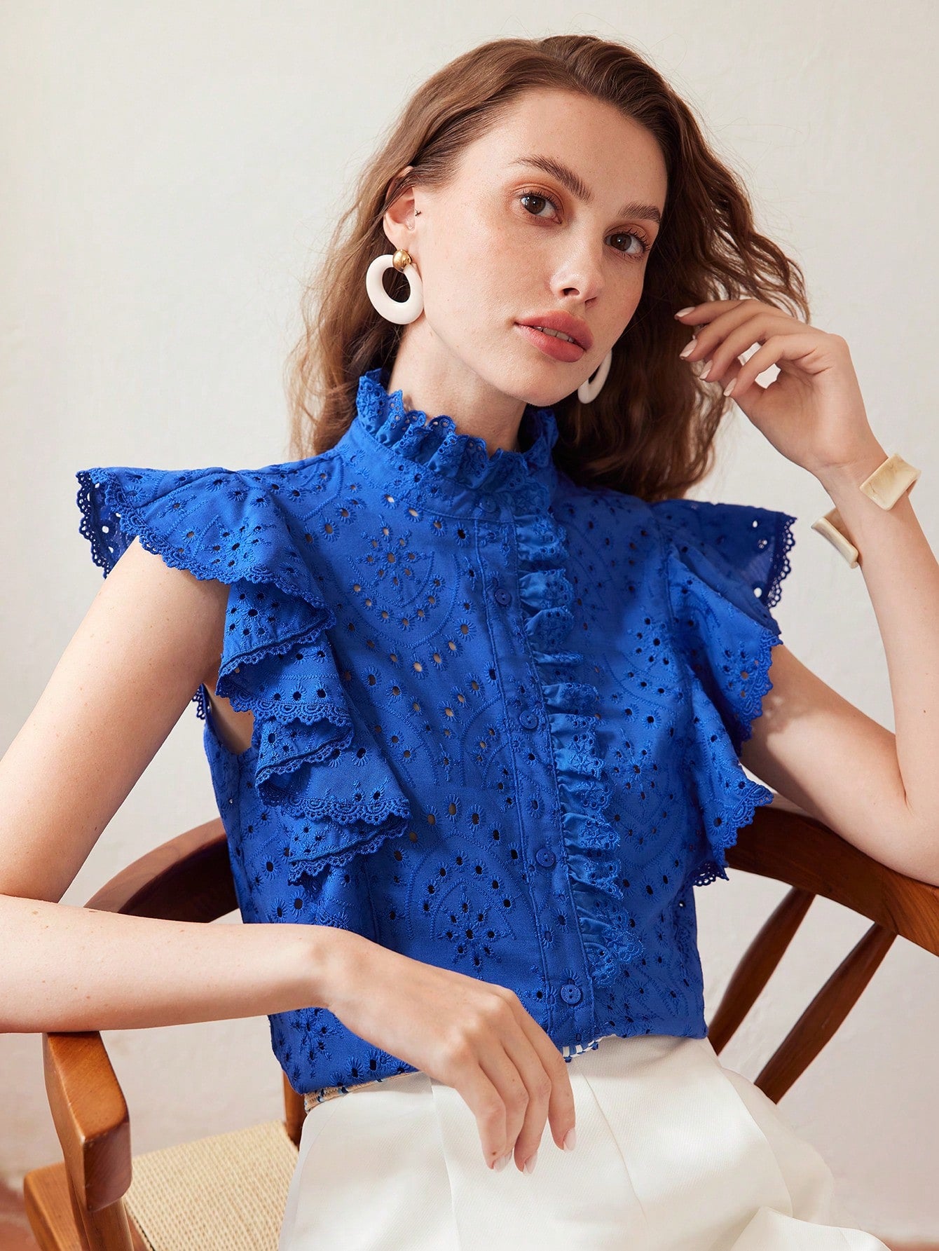 CM-TS898079 Women Elegant Seoul Style Stand Coallr Sleeveless Ruffle Trim Schiffy Blouse - Blue