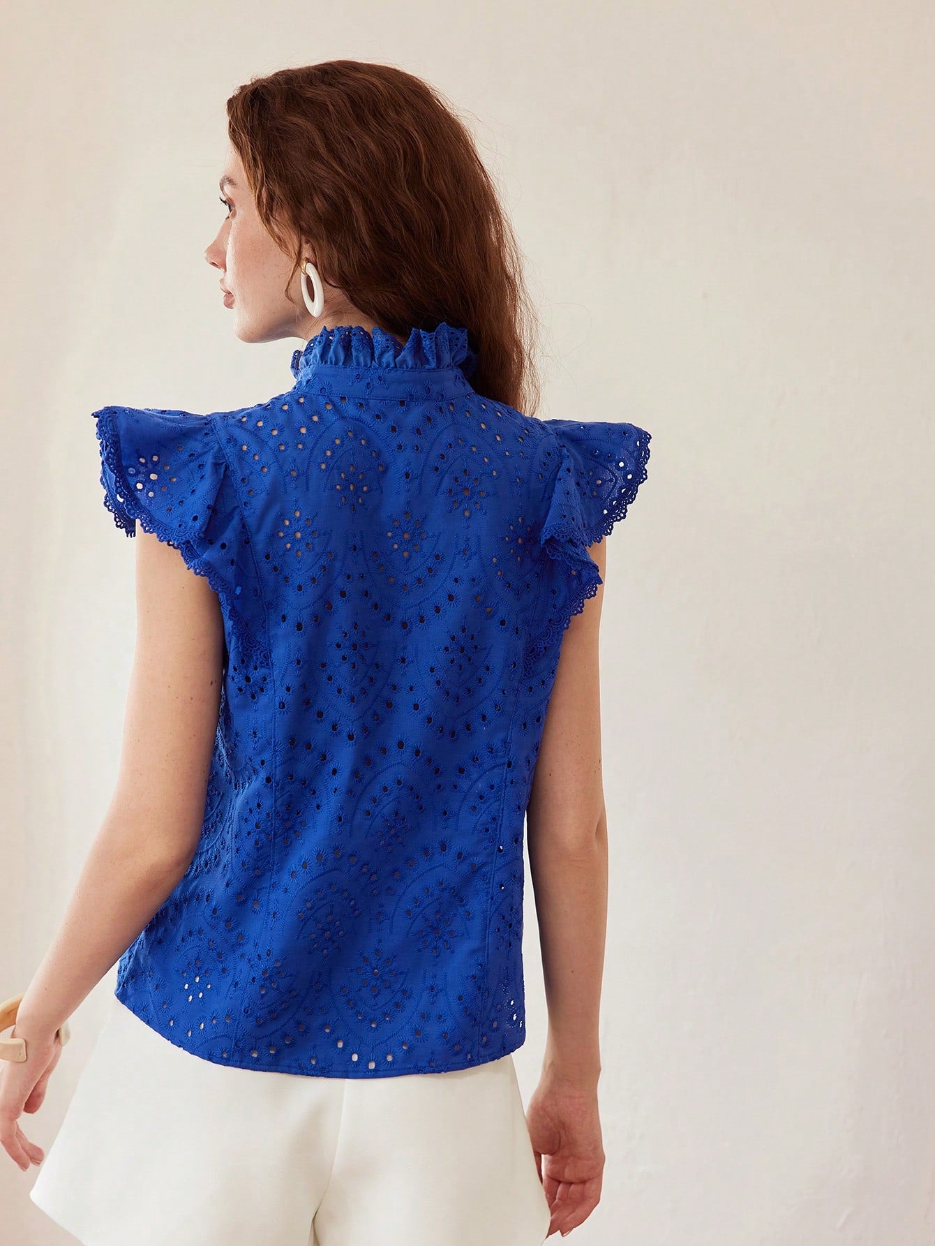 CM-TS898079 Women Elegant Seoul Style Stand Coallr Sleeveless Ruffle Trim Schiffy Blouse - Blue