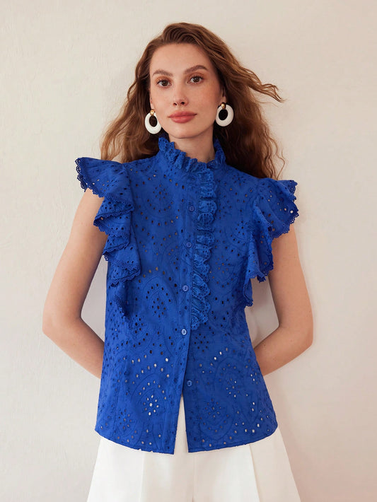 CM-TS898079 Women Elegant Seoul Style Stand Coallr Sleeveless Ruffle Trim Schiffy Blouse - Blue