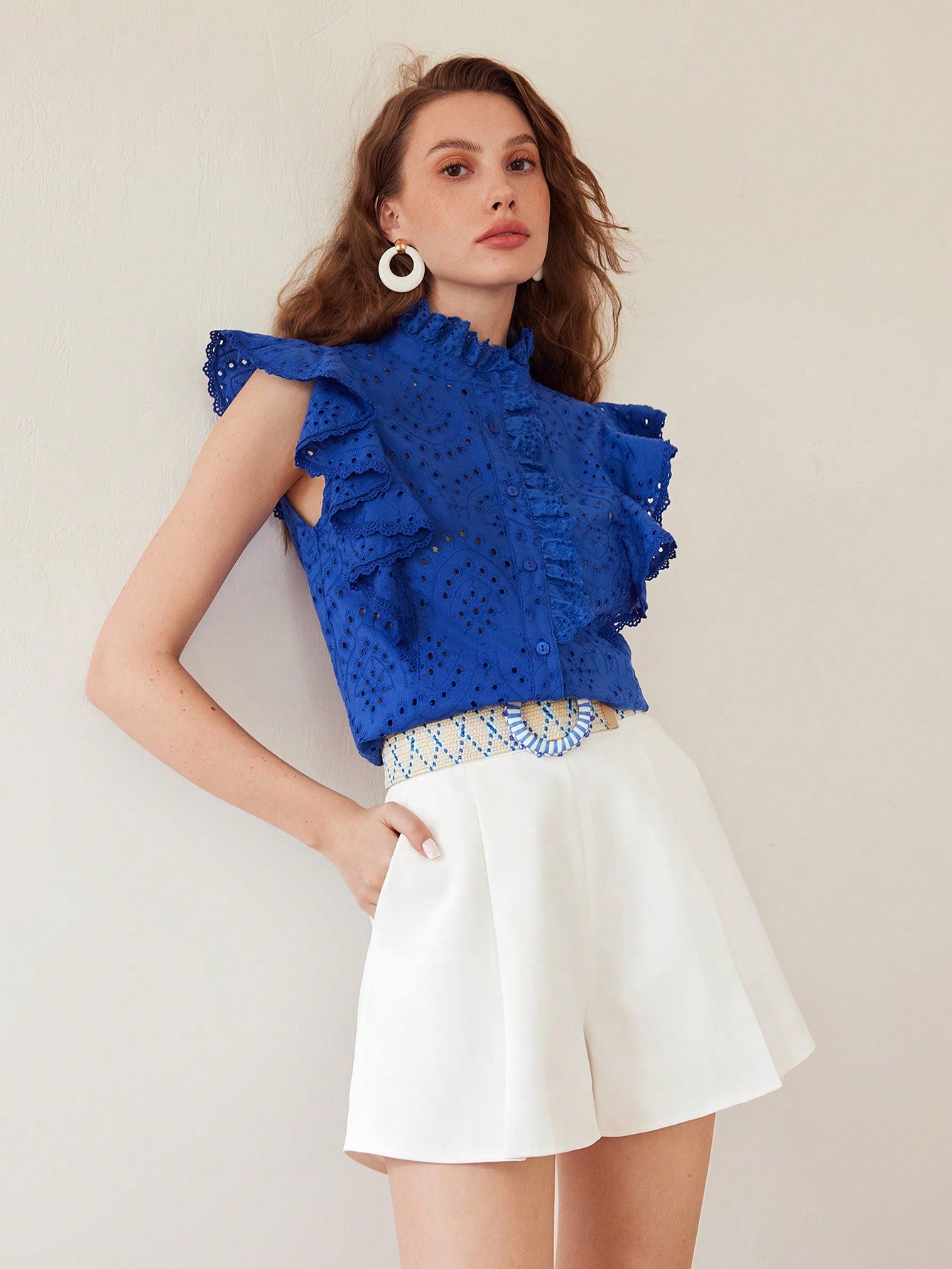 CM-TS898079 Women Elegant Seoul Style Stand Coallr Sleeveless Ruffle Trim Schiffy Blouse - Blue