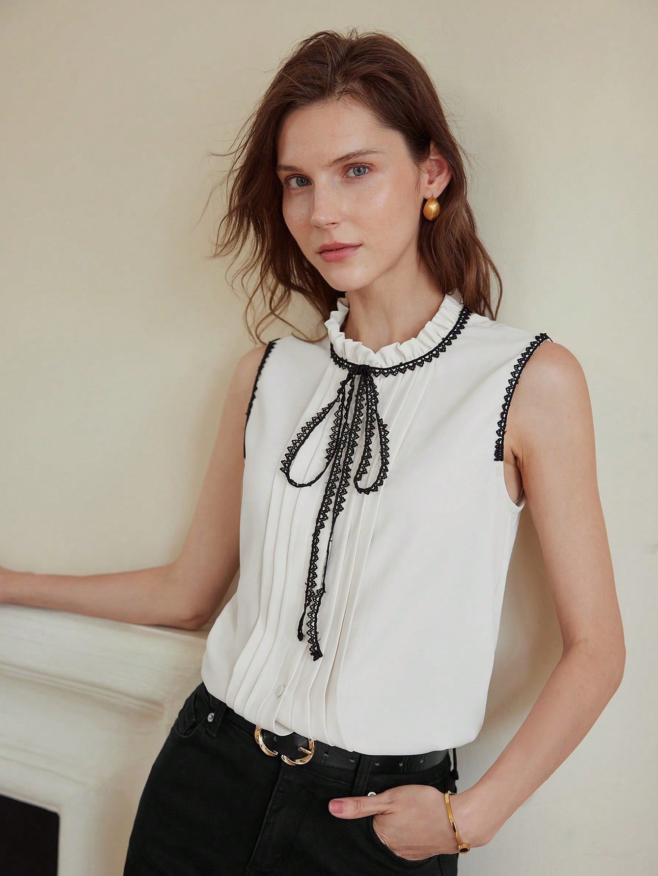 CM-TS396688 Women Elegant Seoul Style Contrast Lace Tie Neck Sleeveless Fold Pleated Blouse