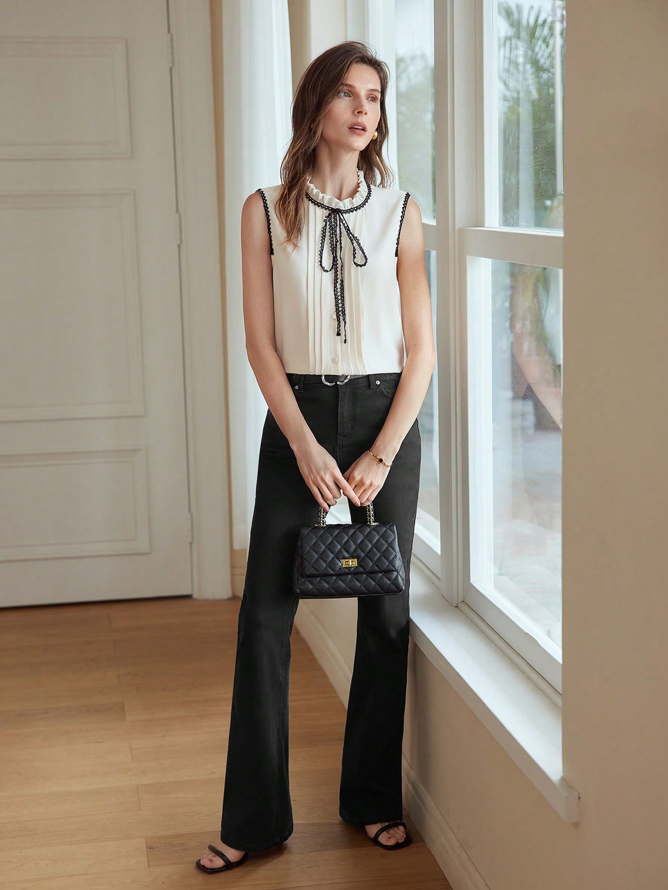 CM-TS396688 Women Elegant Seoul Style Contrast Lace Tie Neck Sleeveless Fold Pleated Blouse