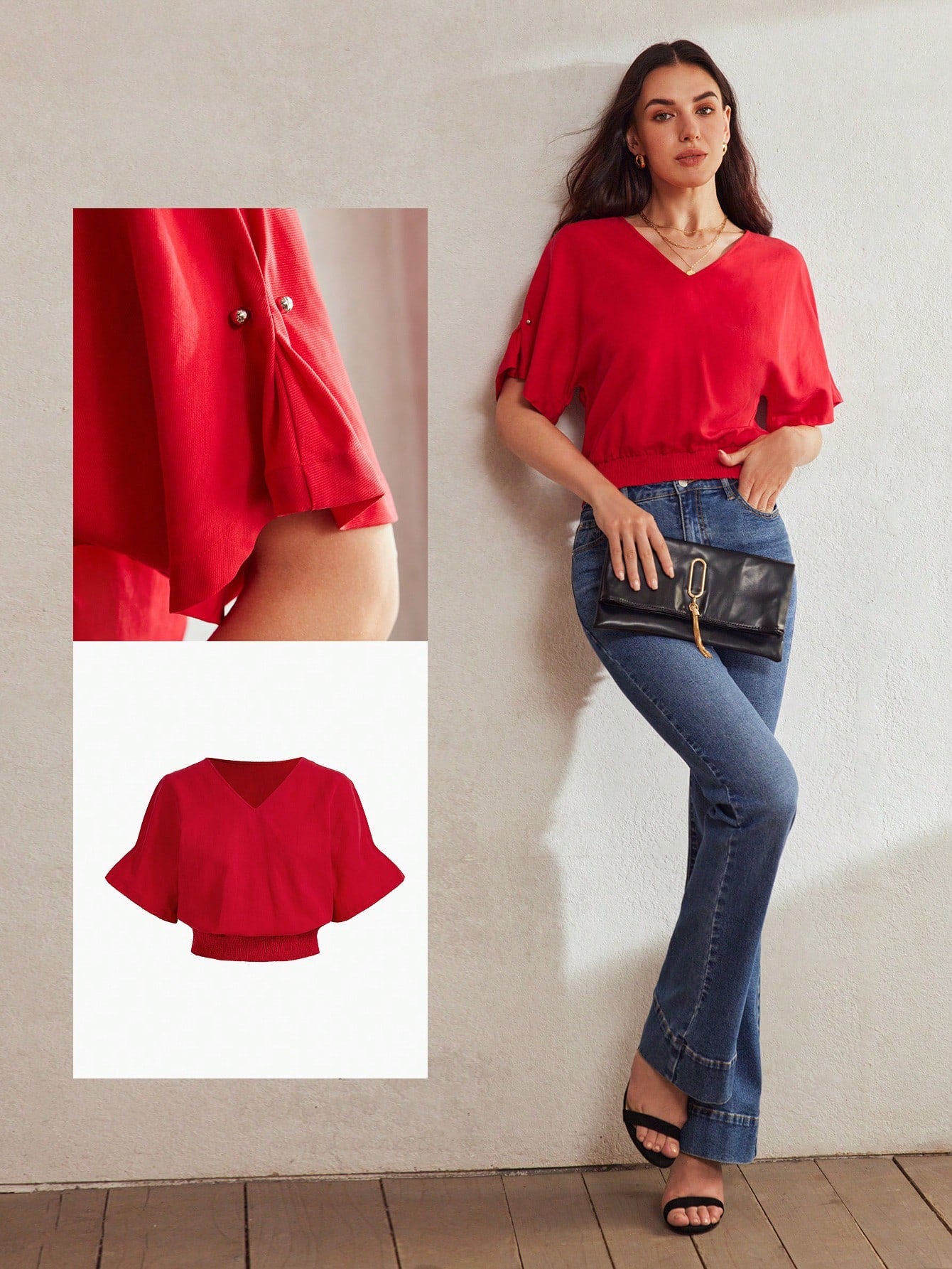 CM-TS097899 Women Elegant Seoul Style V-Neck Batwing Sleeve Shirred Hem Blouse - Red