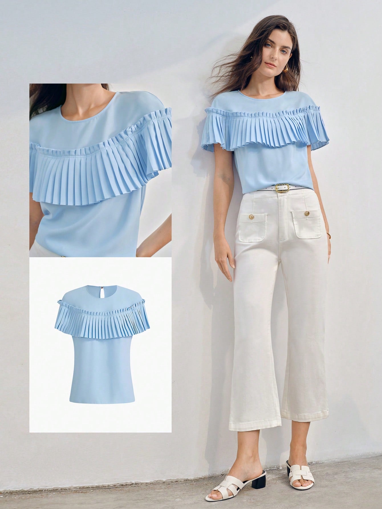 CM-TS943373 Women Elegant Seoul Style Round Neck Short Sleeve Pleated Ruffle Trim Blouse - Blue