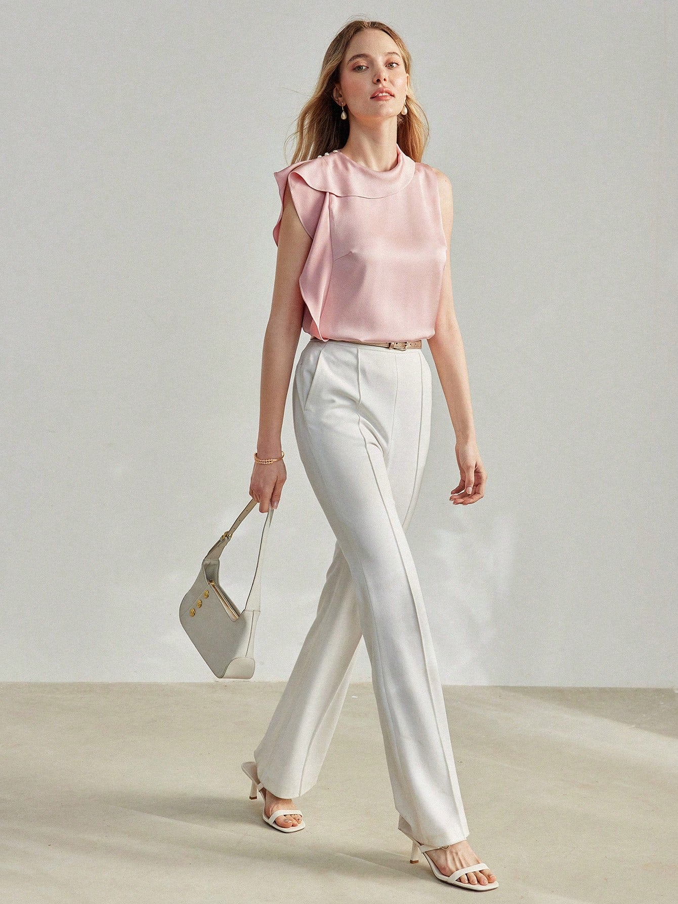CM-TS609719 Women Elegant Seoul Style Cowl Neck Sleeveless Ruffle Trim Blouse - Pink