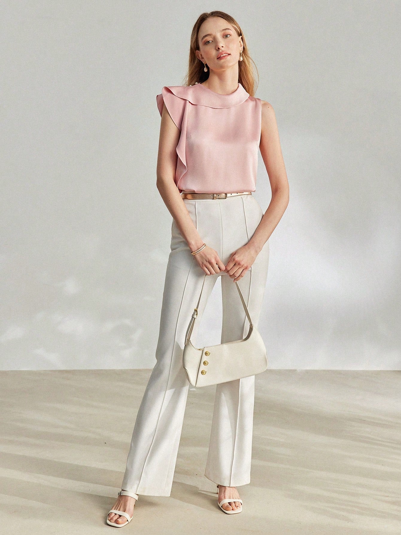CM-TS609719 Women Elegant Seoul Style Cowl Neck Sleeveless Ruffle Trim Blouse - Pink