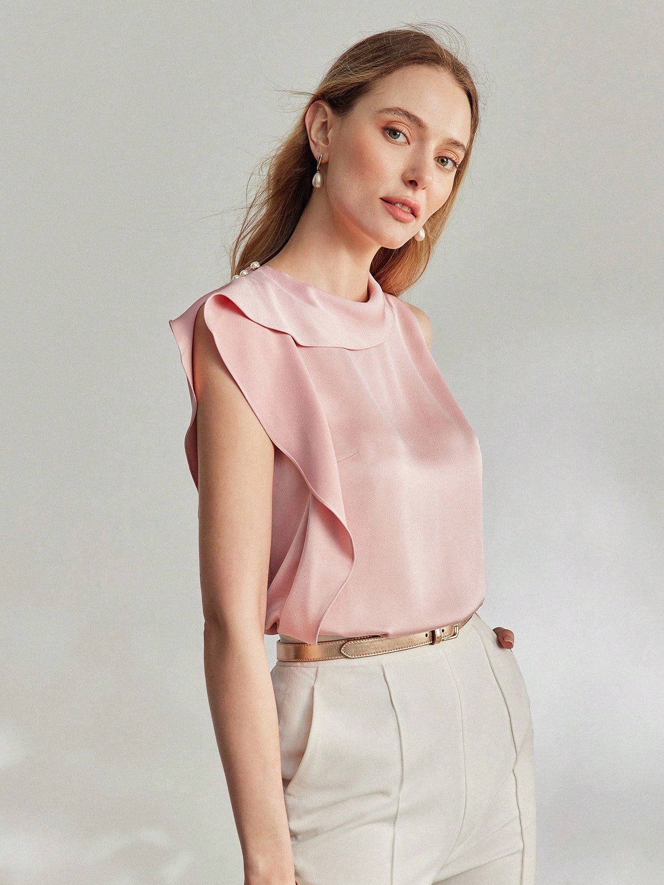 CM-TS609719 Women Elegant Seoul Style Cowl Neck Sleeveless Ruffle Trim Blouse - Pink