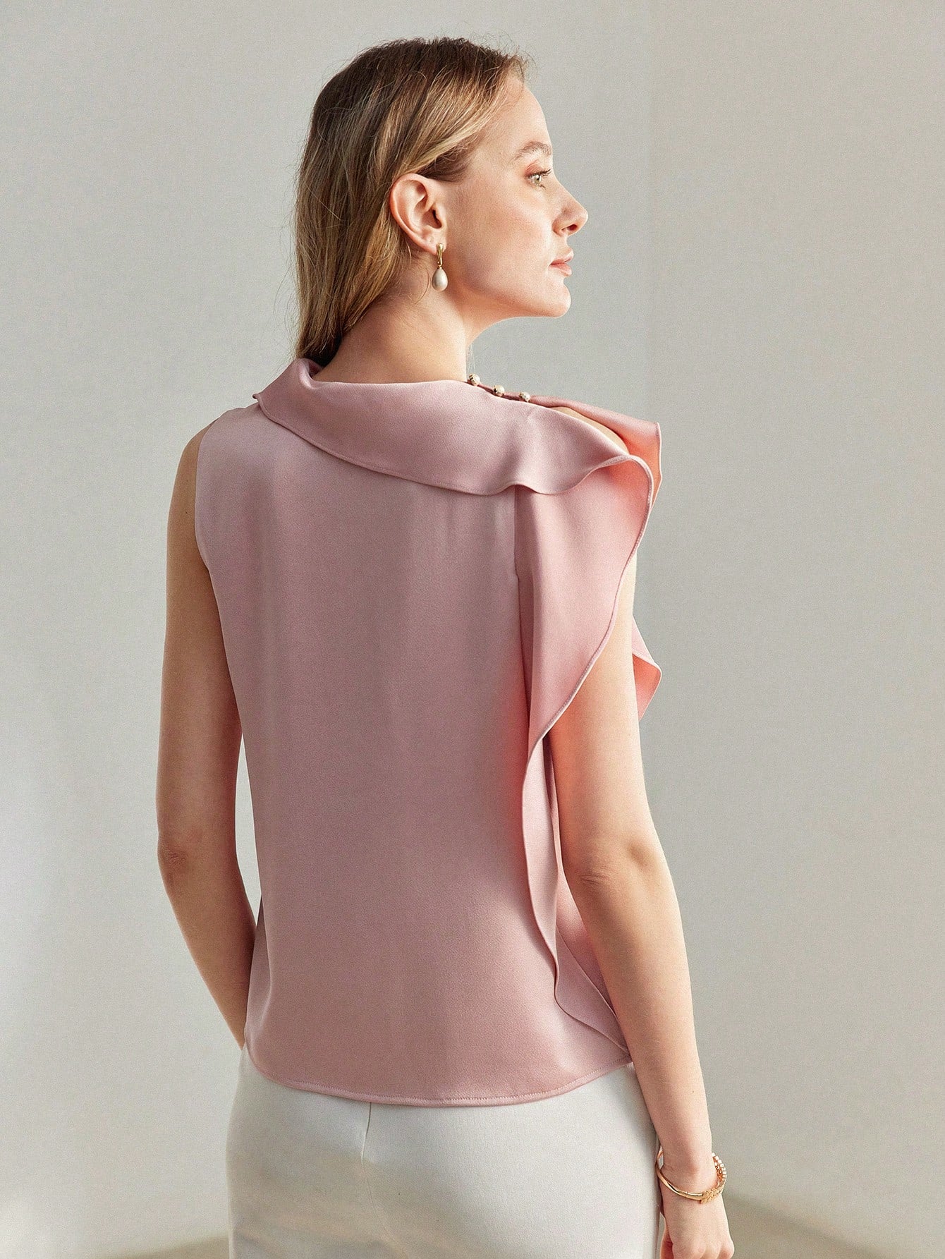CM-TS609719 Women Elegant Seoul Style Cowl Neck Sleeveless Ruffle Trim Blouse - Pink