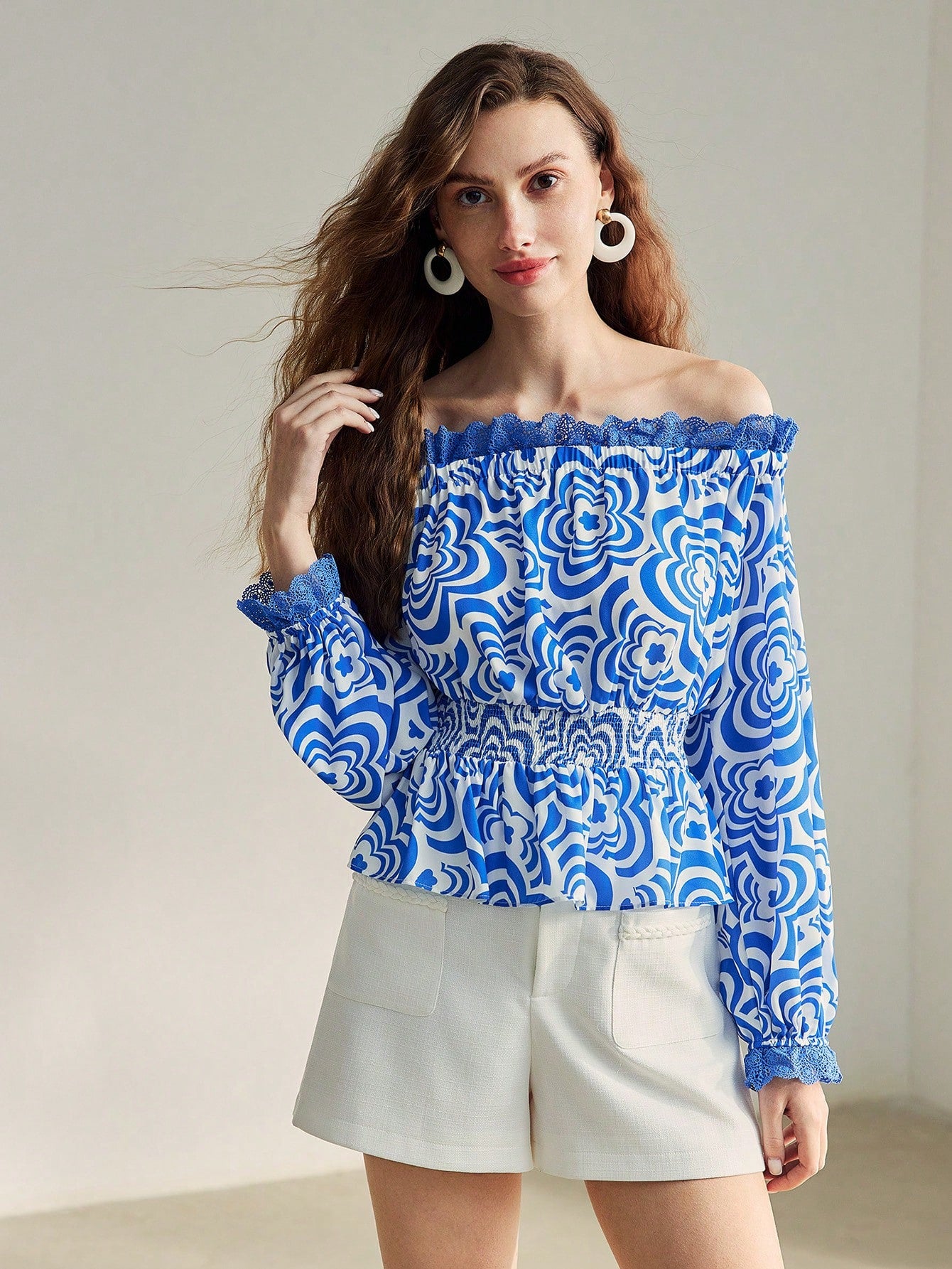 CM-TS996454 Women Casual Seoul Style All Over Print Off Shoulder Lace Trim Flare Sleeve Top