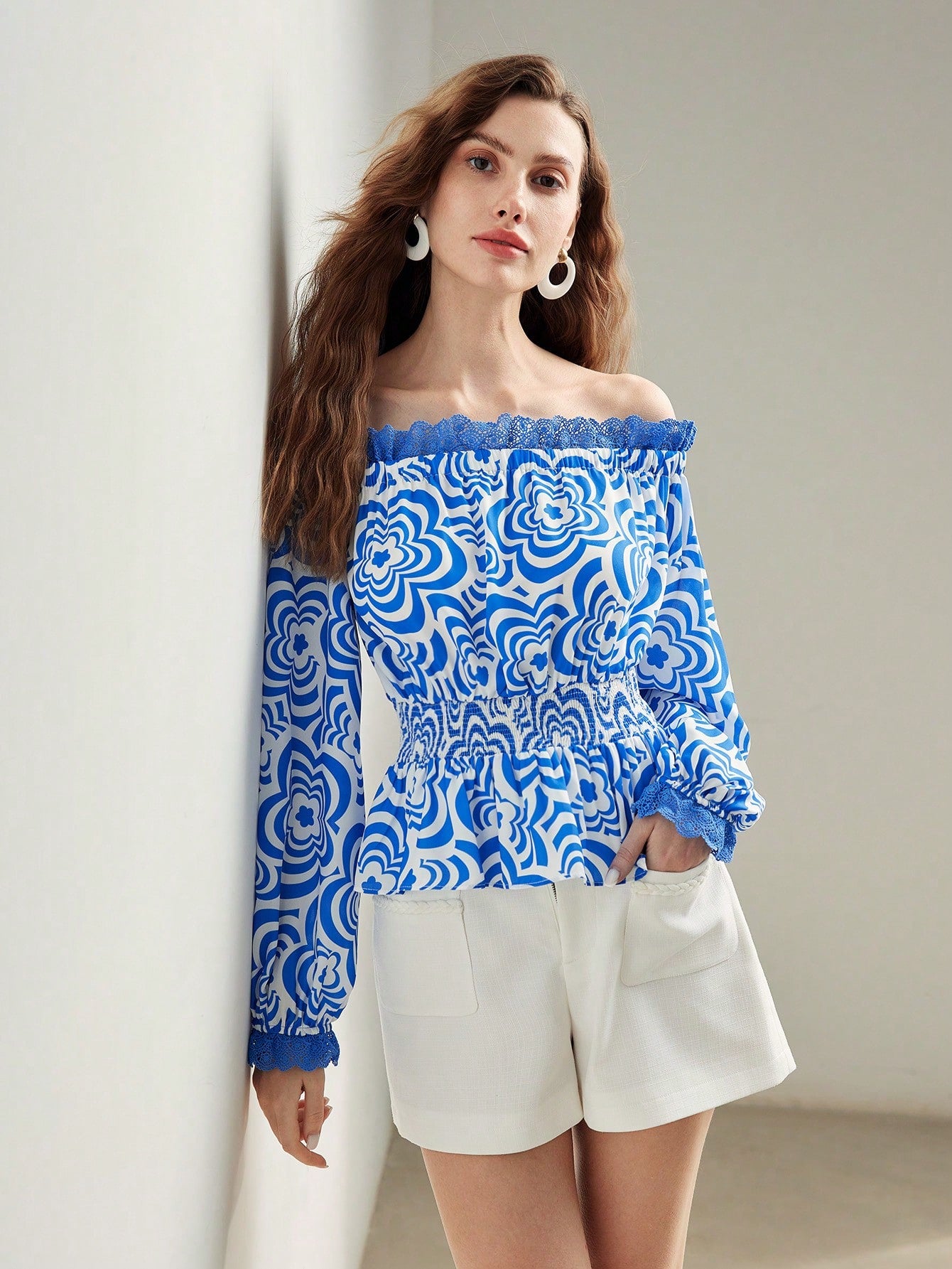 CM-TS996454 Women Casual Seoul Style All Over Print Off Shoulder Lace Trim Flare Sleeve Top