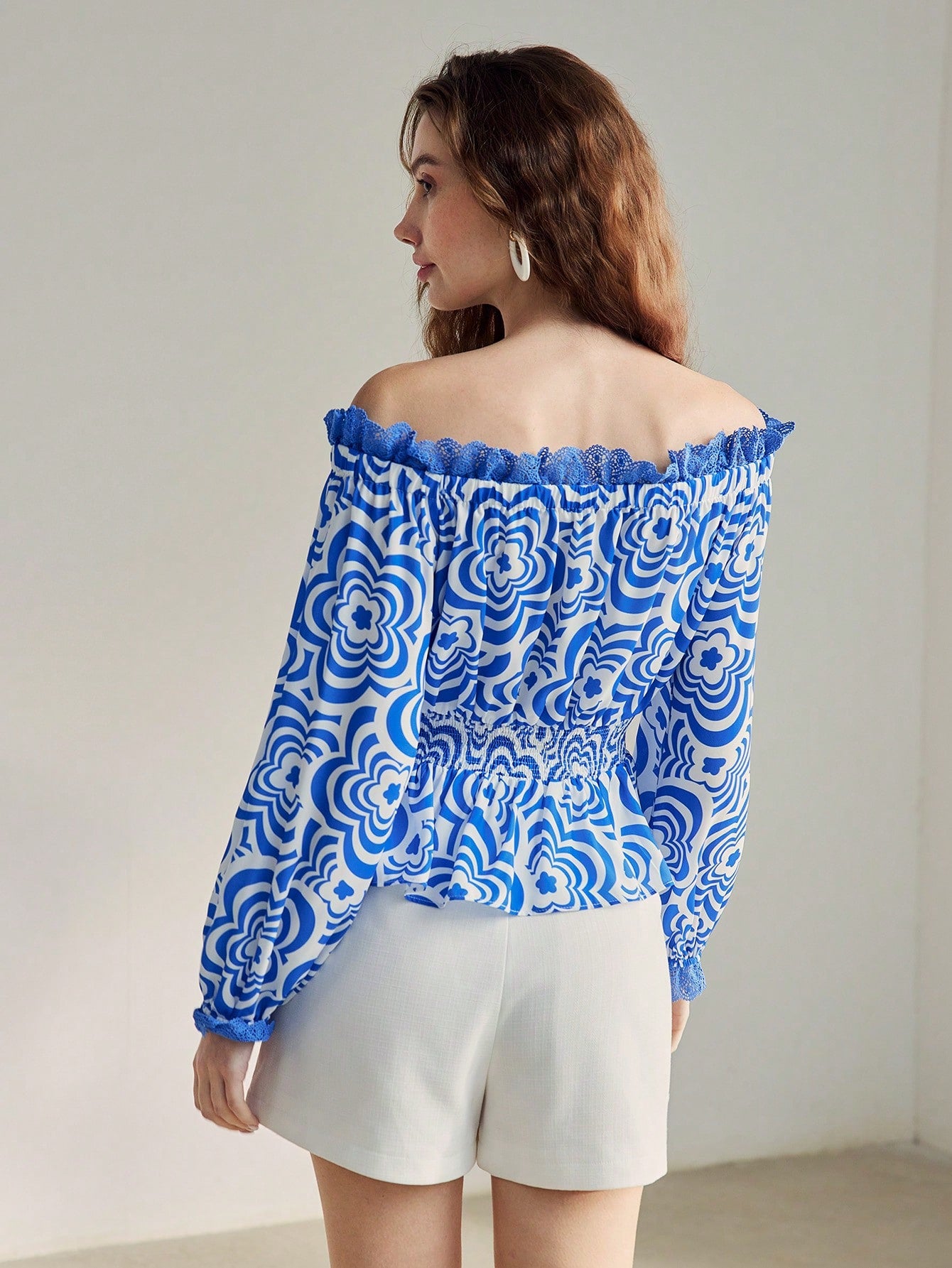 CM-TS996454 Women Casual Seoul Style All Over Print Off Shoulder Lace Trim Flare Sleeve Top