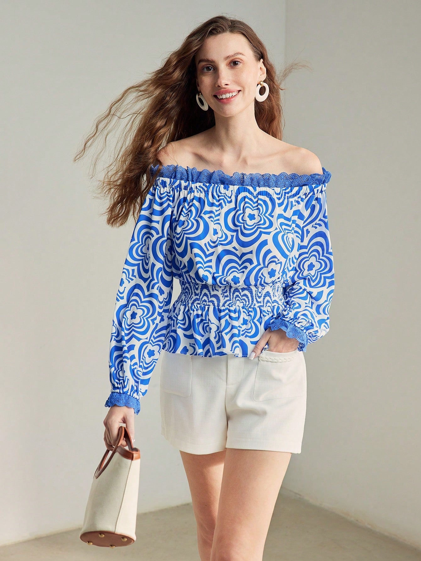 CM-TS996454 Women Casual Seoul Style All Over Print Off Shoulder Lace Trim Flare Sleeve Top