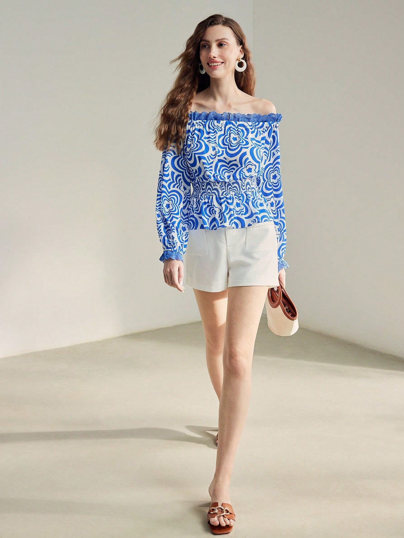 CM-TS996454 Women Casual Seoul Style All Over Print Off Shoulder Lace Trim Flare Sleeve Top