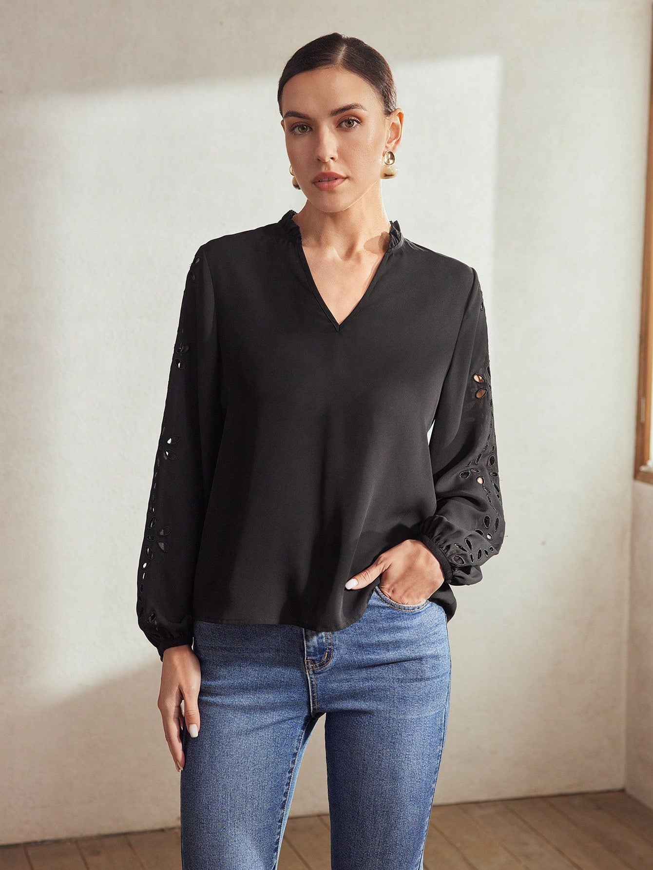 CM-TS200095 Women Elegant Seoul Style Frill V-Neck Schiffy Lantern Sleeve Blouse - Black