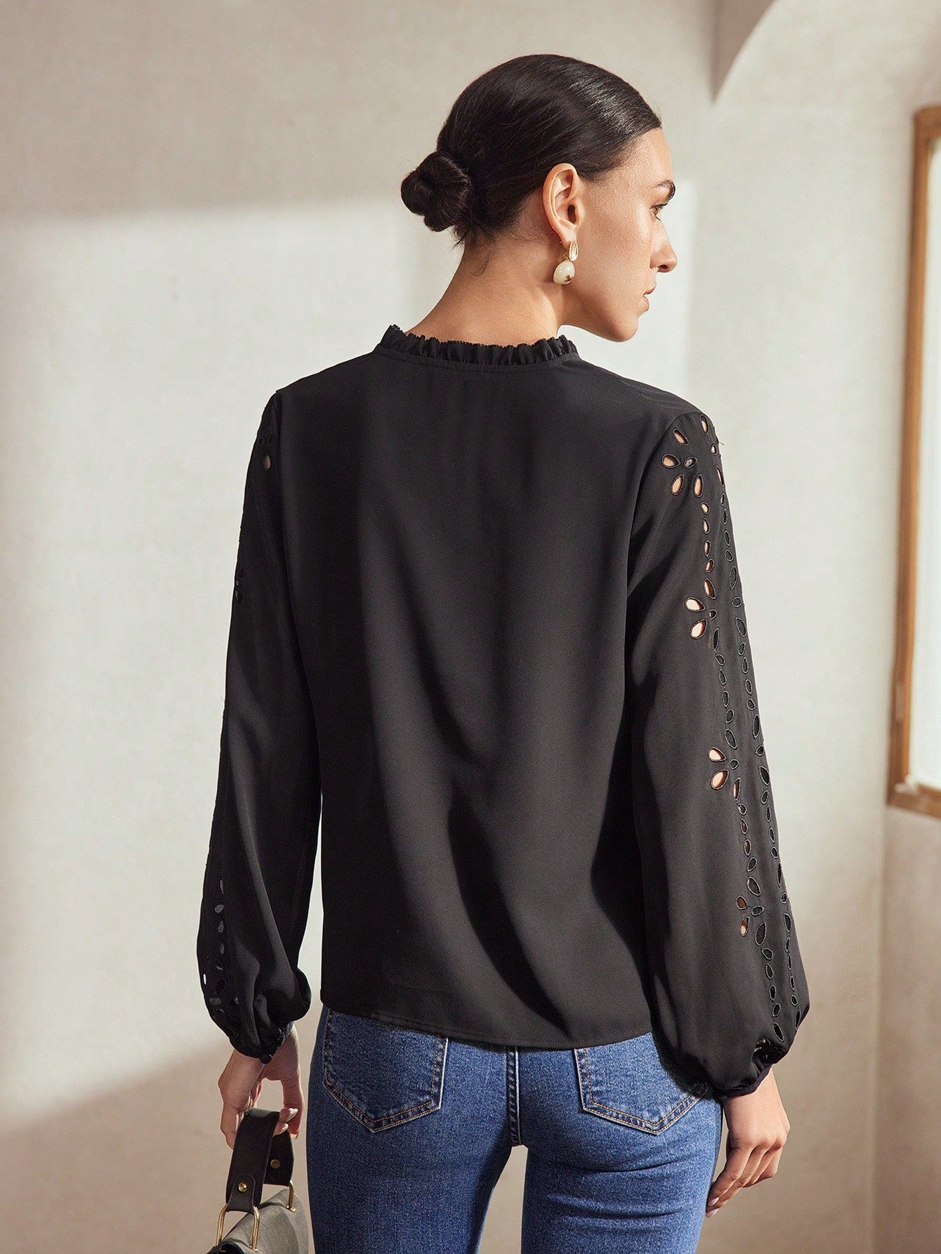 CM-TS200095 Women Elegant Seoul Style Frill V-Neck Schiffy Lantern Sleeve Blouse - Black
