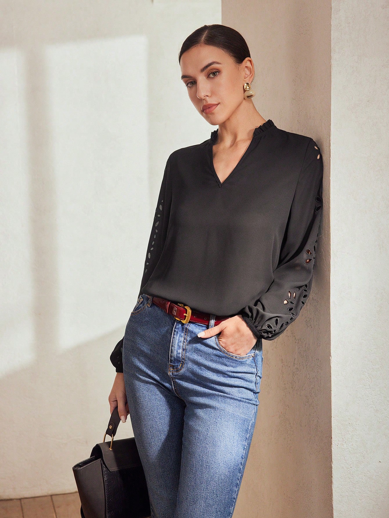 CM-TS200095 Women Elegant Seoul Style Frill V-Neck Schiffy Lantern Sleeve Blouse - Black