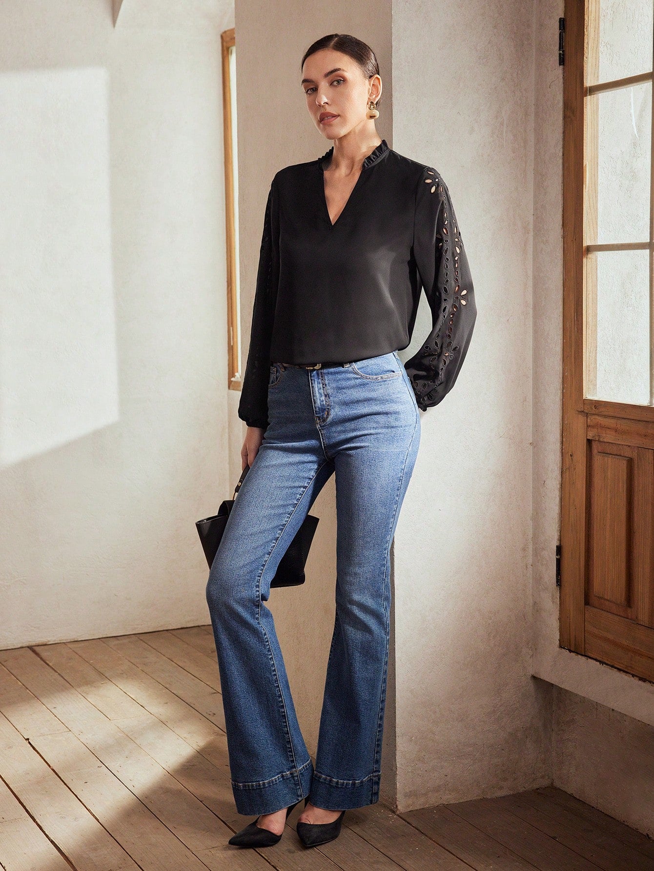 CM-TS200095 Women Elegant Seoul Style Frill V-Neck Schiffy Lantern Sleeve Blouse - Black
