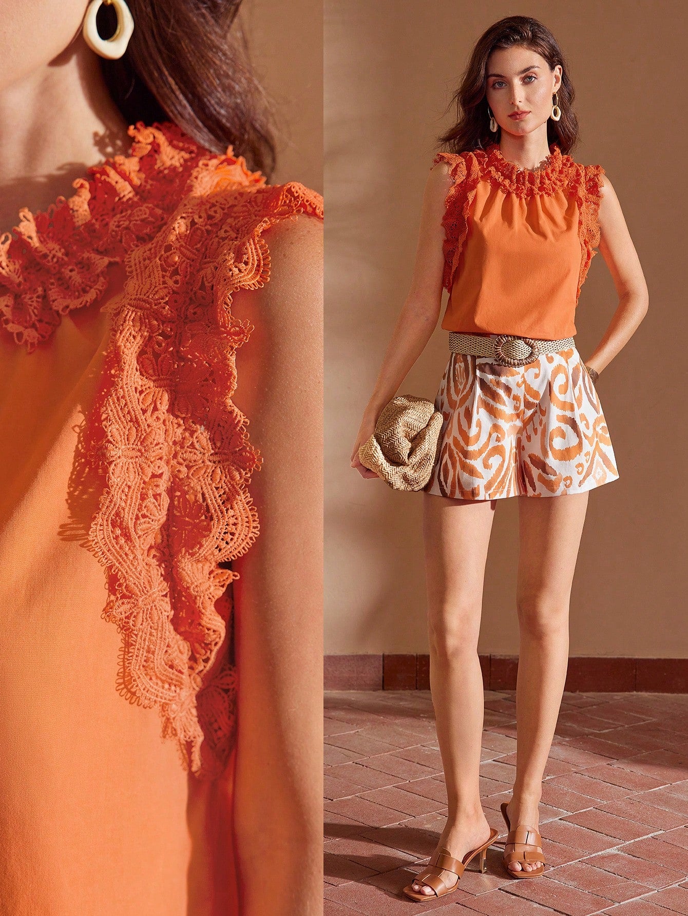 CM-TS813124 Women Elegant Seoul Style Stand Collar Lace Ruffle Trim Blouse - Coral Orange