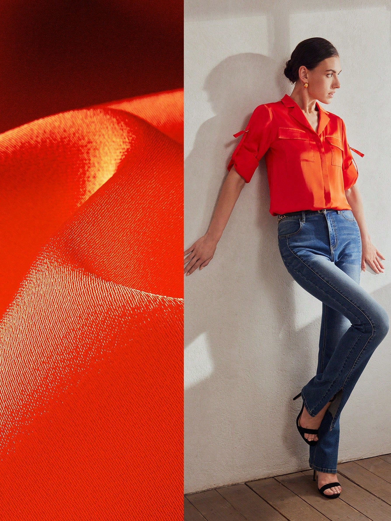CM-TS910134 Women Elegant Seoul Style Lapel Neckline Roll Tab Sleeve Flap Pocket Shirt
