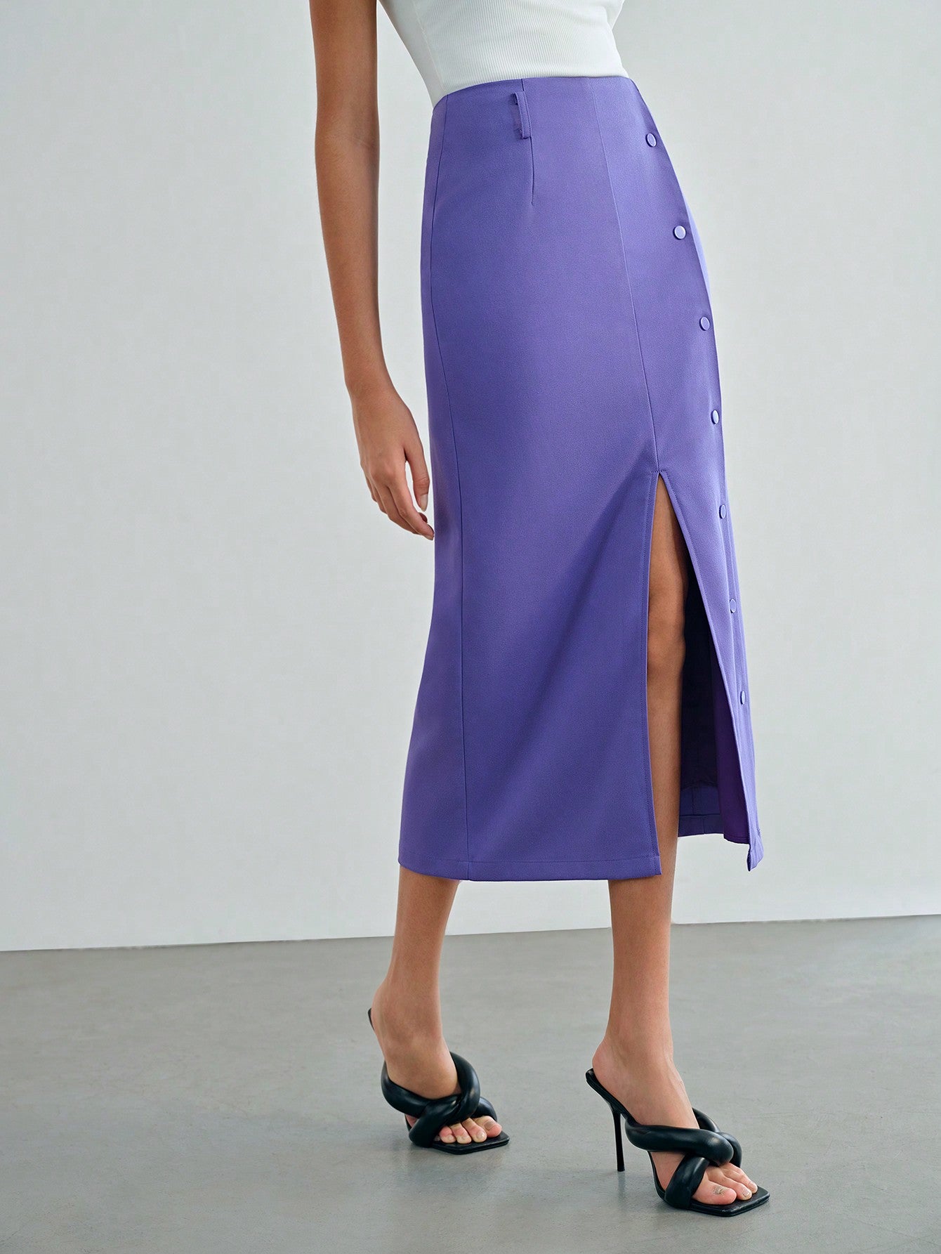 CM-BS159311 Women Elegant Seoul Style Solid Single Breasted Split Thigh Skirt - Purple