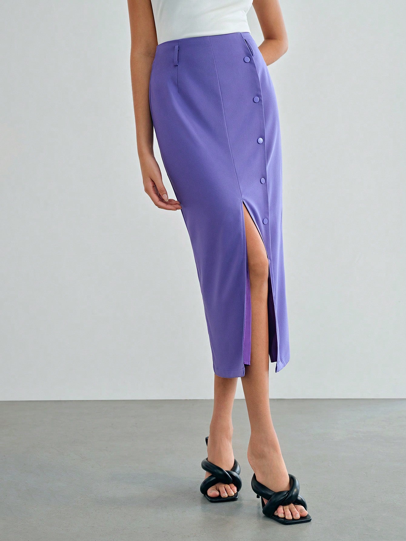 CM-BS159311 Women Elegant Seoul Style Solid Single Breasted Split Thigh Skirt - Purple