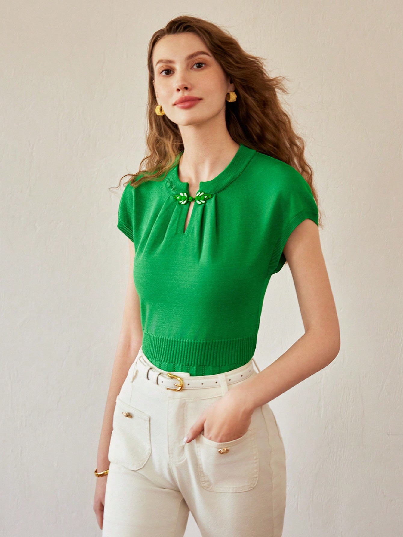 CM-TS410705 Women Casual Seoul Style Mandarin Collar Batwing Sleeve Wide Hem Knit Top - Green