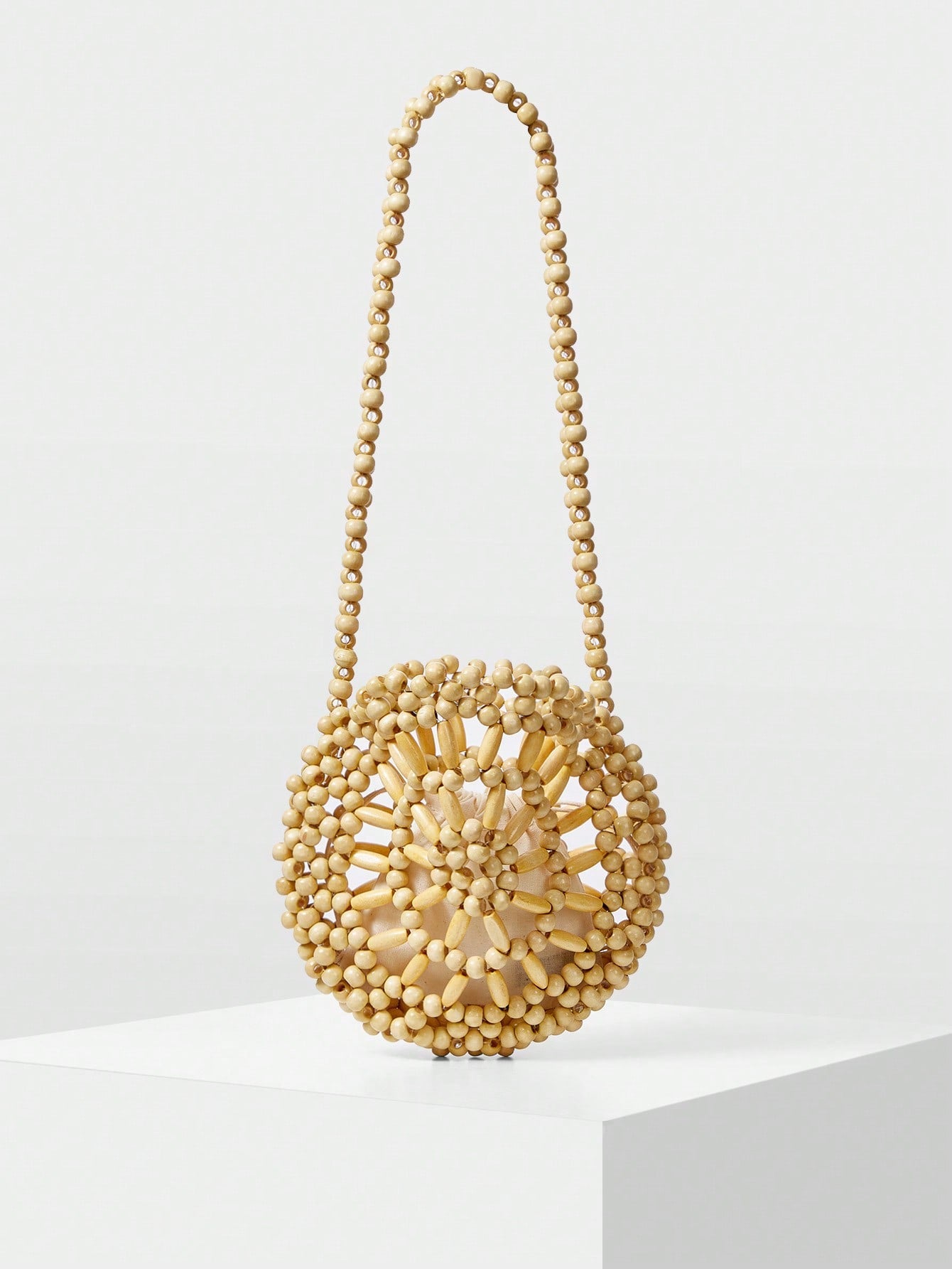 CM-BGS056856 Women Trendy Seoul Style Hollow Out Beaded Knitted Shoulder Bag - Beige