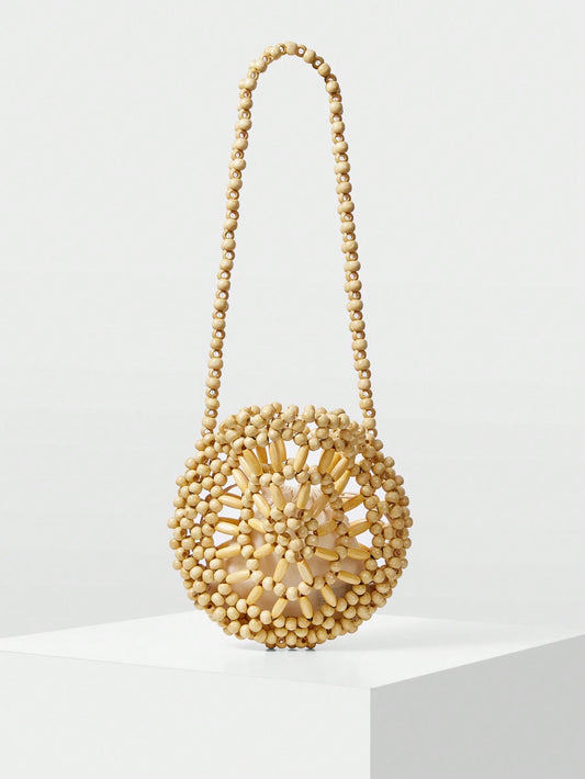 CM-BGS056856 Women Trendy Seoul Style Hollow Out Beaded Knitted Shoulder Bag - Beige