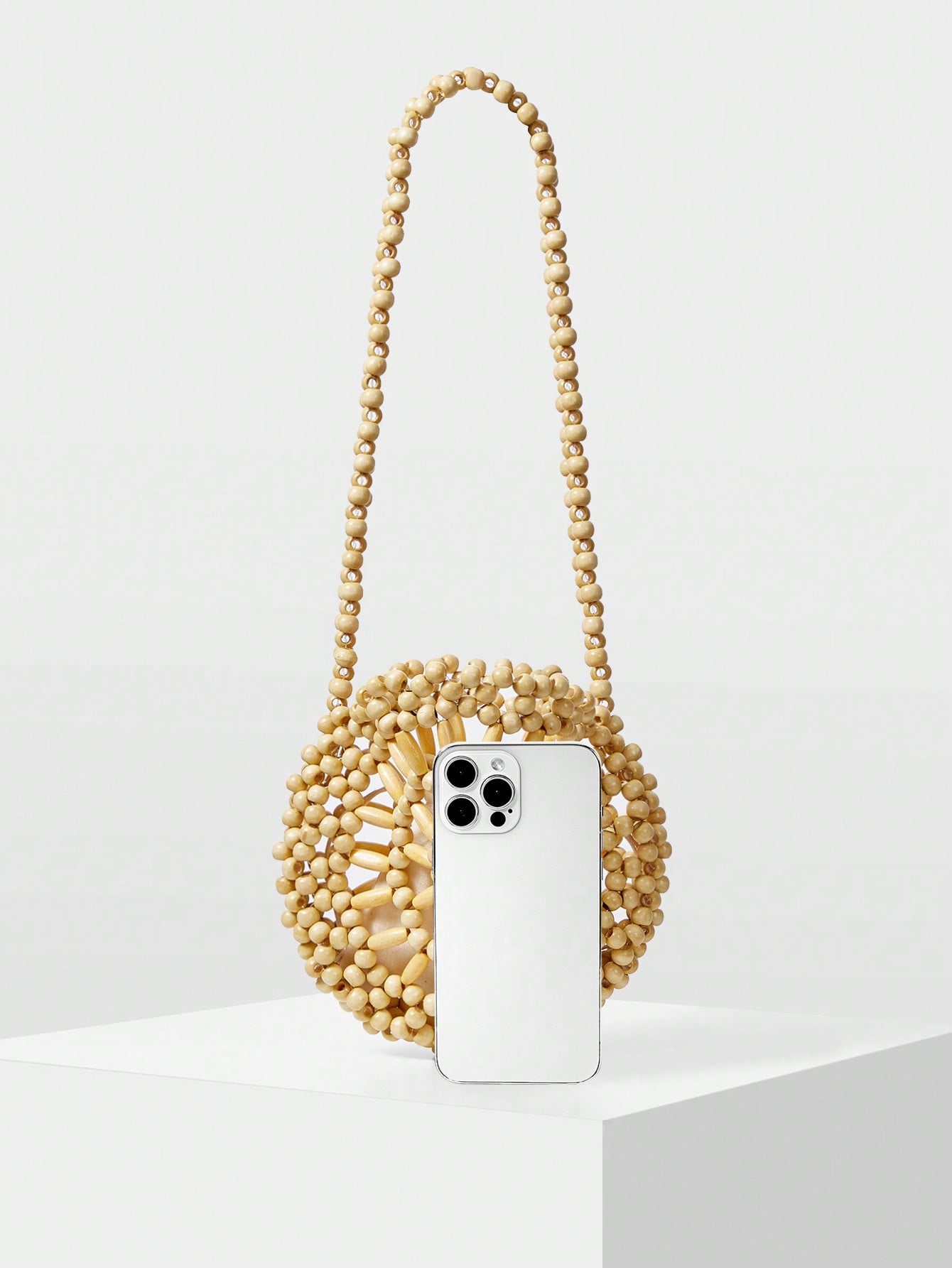 CM-BGS056856 Women Trendy Seoul Style Hollow Out Beaded Knitted Shoulder Bag - Beige