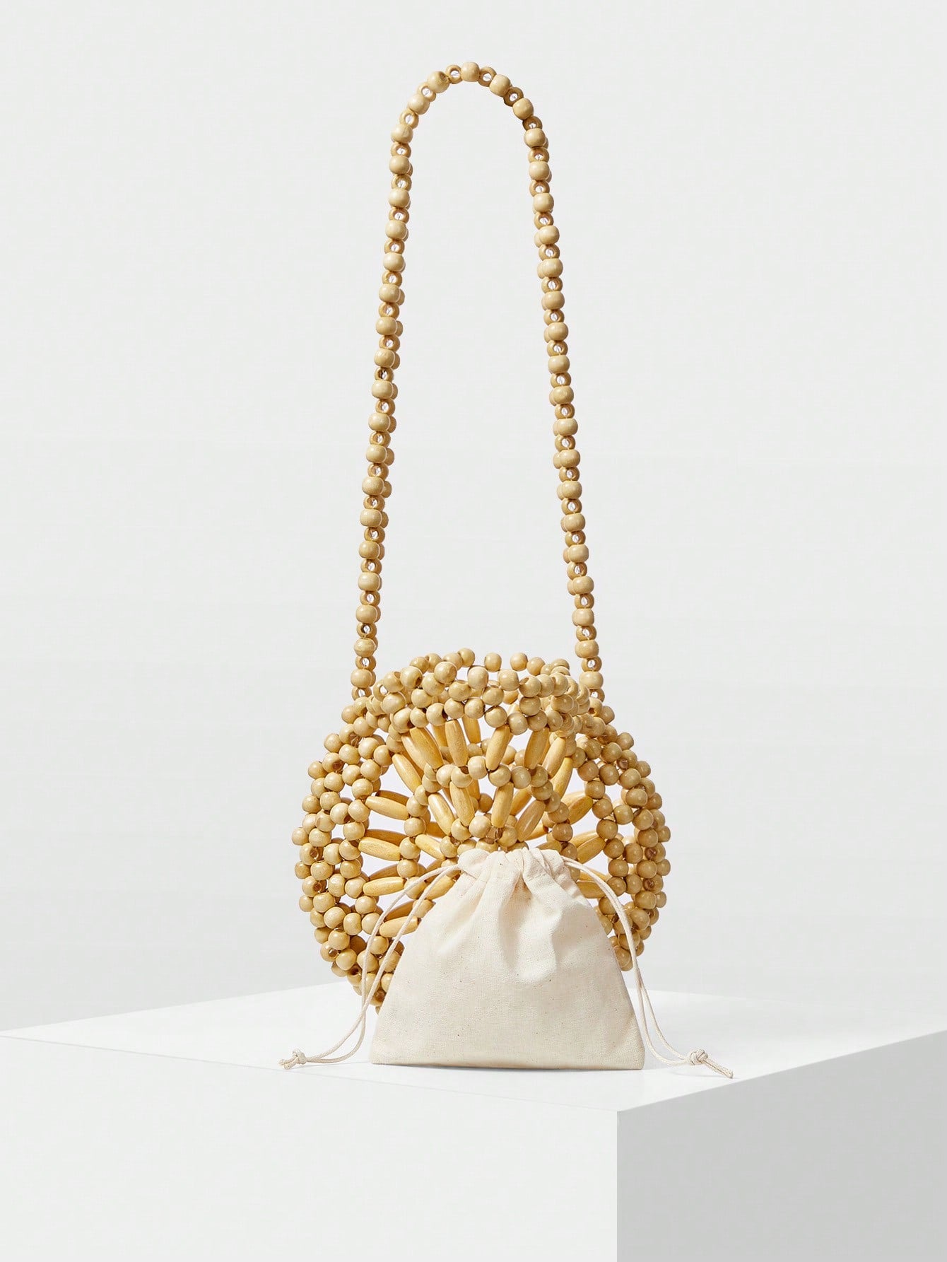 CM-BGS056856 Women Trendy Seoul Style Hollow Out Beaded Knitted Shoulder Bag - Beige