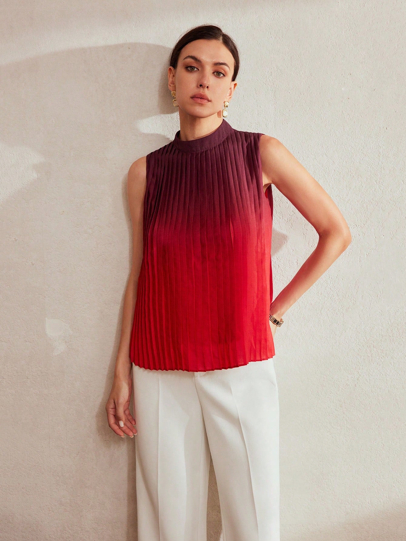CM-TS402487 Women Elegant Seoul Style Ombre Print Mock Neck Pleated Sleeveless Blouse