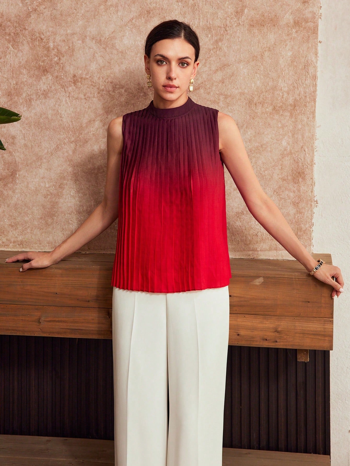 CM-TS402487 Women Elegant Seoul Style Ombre Print Mock Neck Pleated Sleeveless Blouse