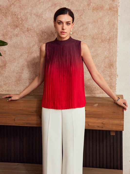 CM-TS402487 Women Elegant Seoul Style Ombre Print Mock Neck Pleated Sleeveless Blouse