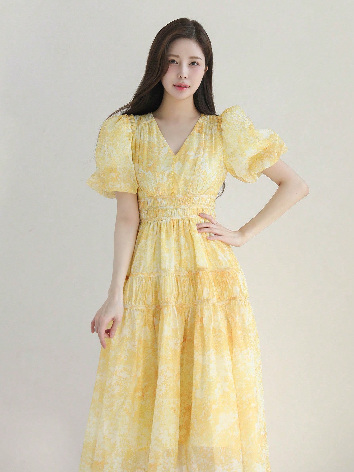 CM-DS663682 Women Elegant Seoul Style Allover Print Puff Sleeve Ruffle Hem Dress - Yellow