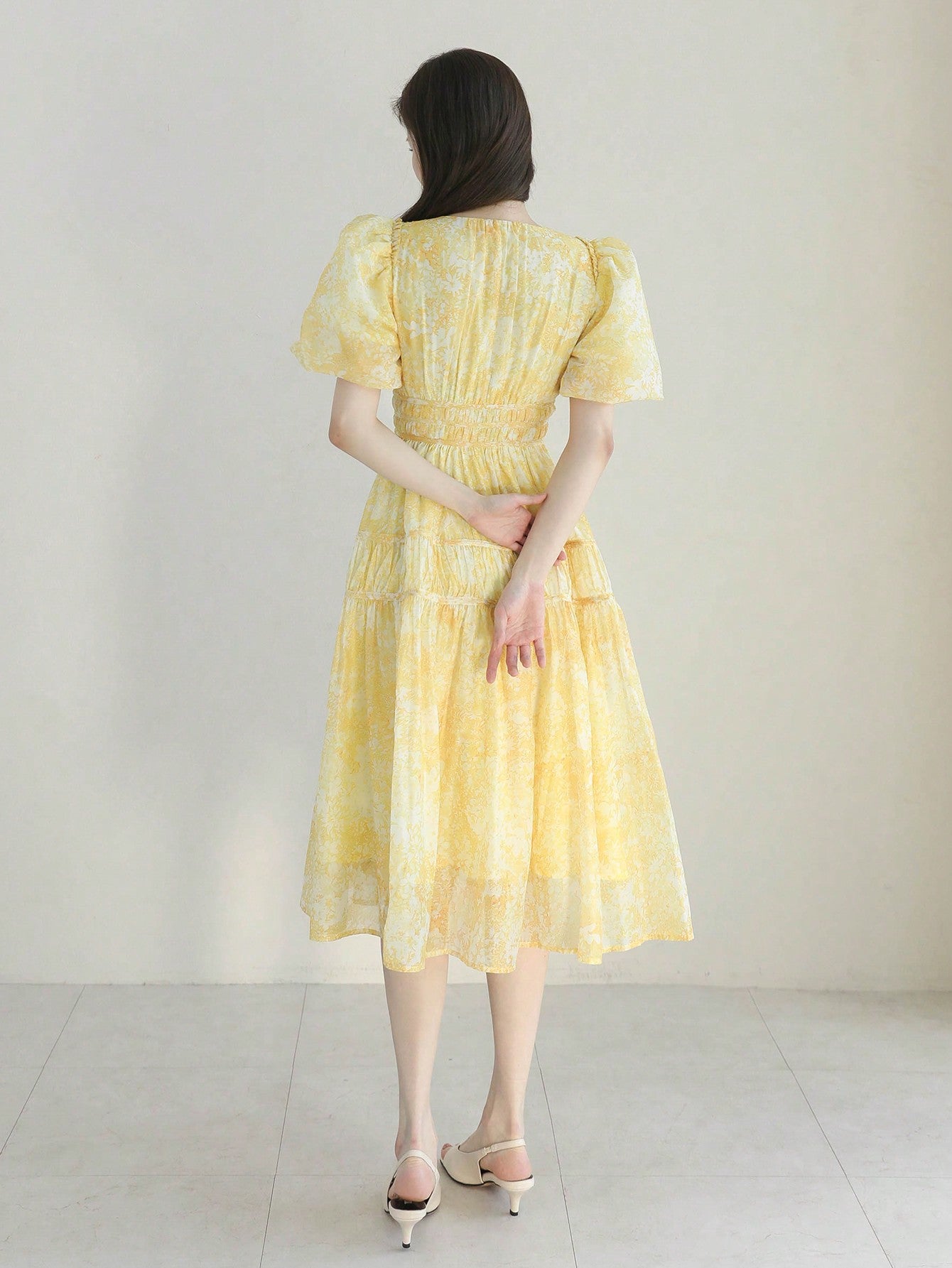 CM-DS663682 Women Elegant Seoul Style Allover Print Puff Sleeve Ruffle Hem Dress - Yellow