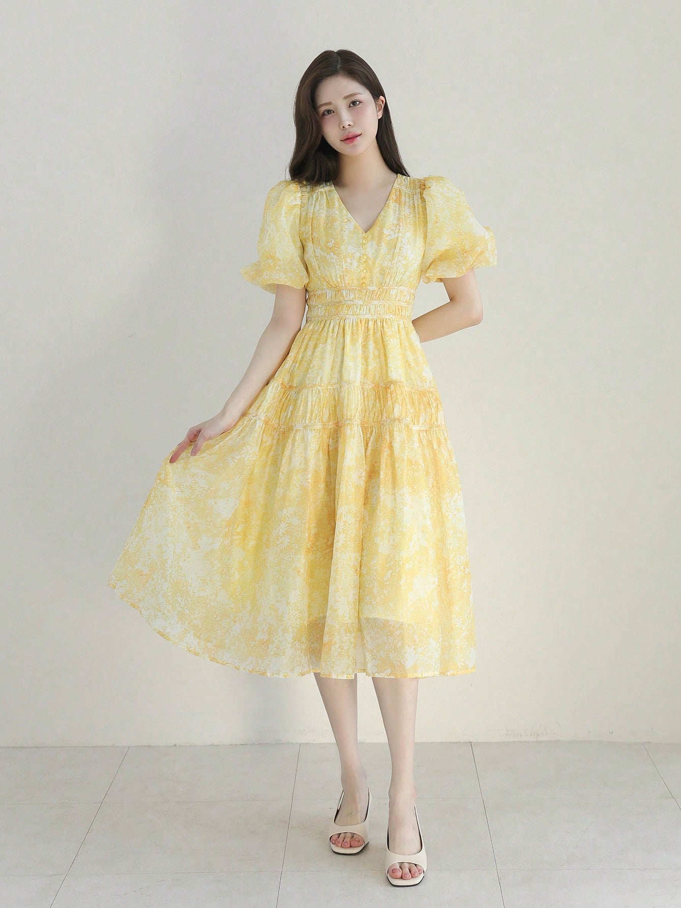 CM-DS663682 Women Elegant Seoul Style Allover Print Puff Sleeve Ruffle Hem Dress - Yellow