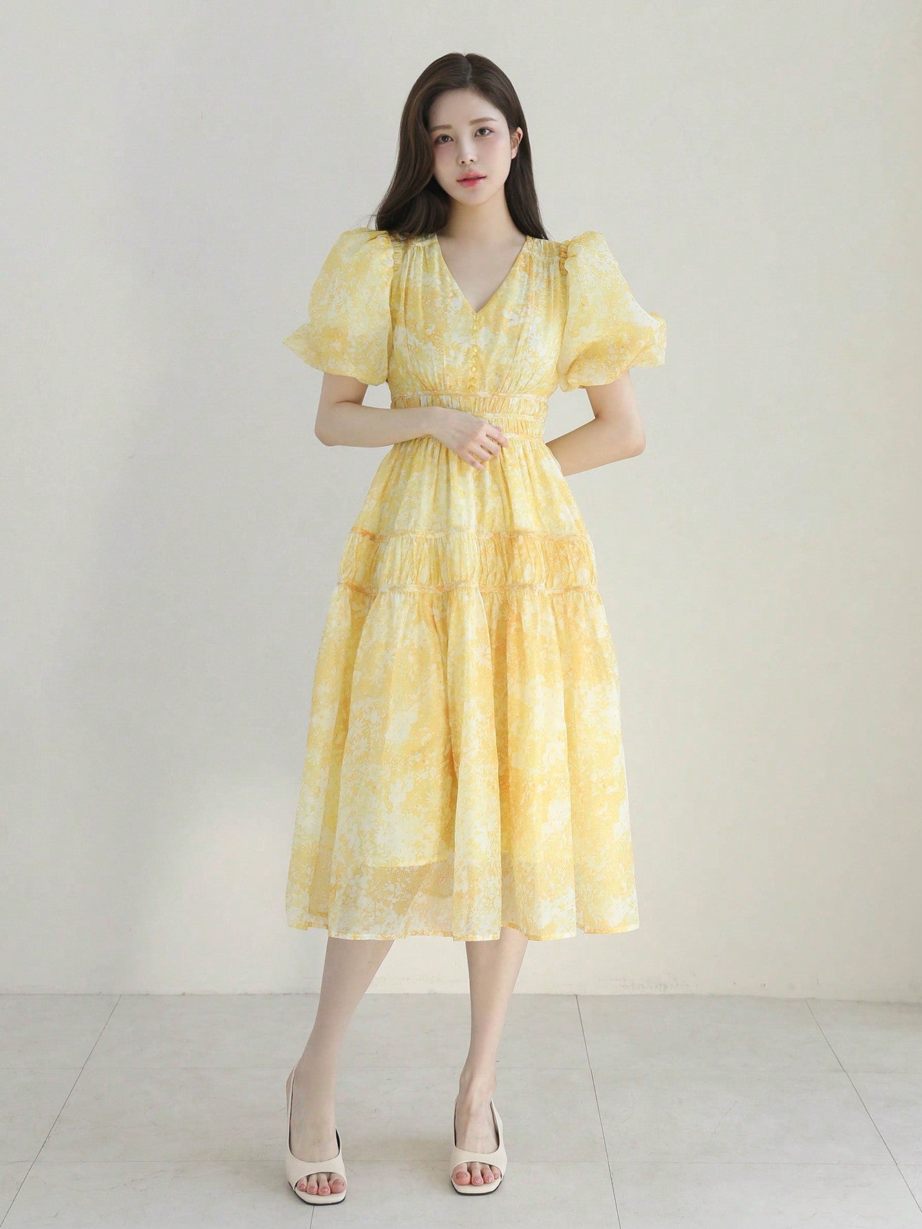 CM-DS663682 Women Elegant Seoul Style Allover Print Puff Sleeve Ruffle Hem Dress - Yellow