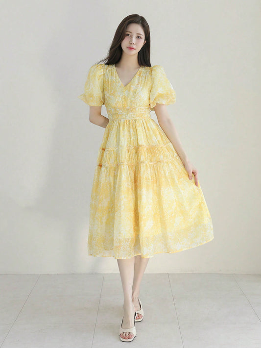 CM-DS663682 Women Elegant Seoul Style Allover Print Puff Sleeve Ruffle Hem Dress - Yellow